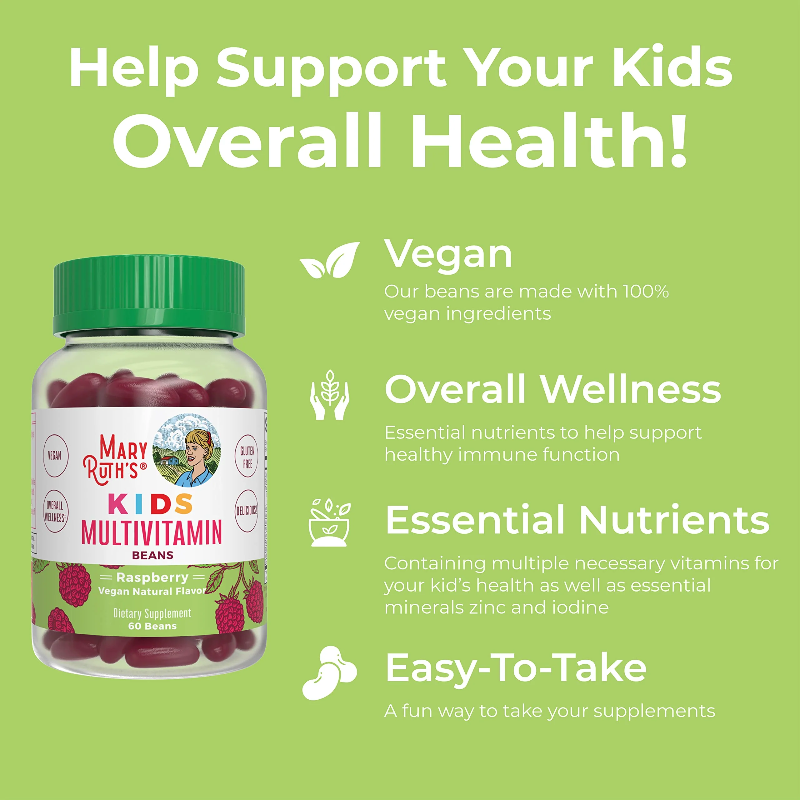 MaryRuth Organics Multivitamin Multimineral Vita-Beans for Kids | Vegan Chewable Vitamins for Ages 4+ | Immune Support | Bone Health | Raspberry Flavor | 60 Count - Image 4