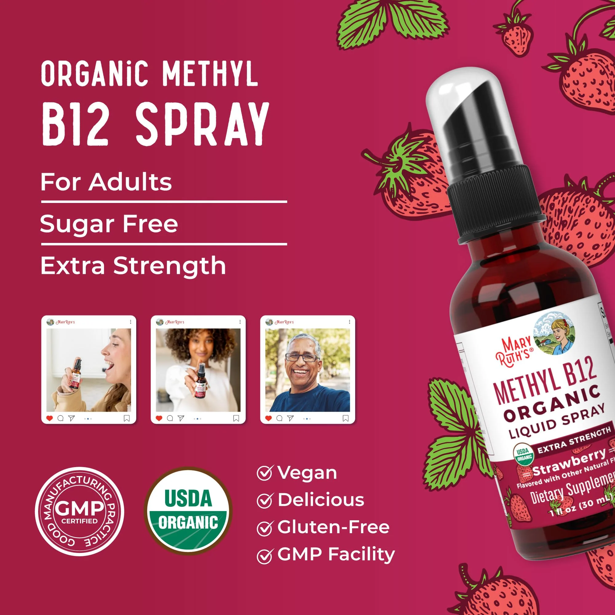 MaryRuth Organics Vitamin B12 Liquid Spray | Vegan, Non-GMO, Gluten-Free | USDA Organic Supplement | Energy & Nervous System Support | B12 Vitamins for Women & Men | 720 mcg | 1 Fl Oz - Image 2