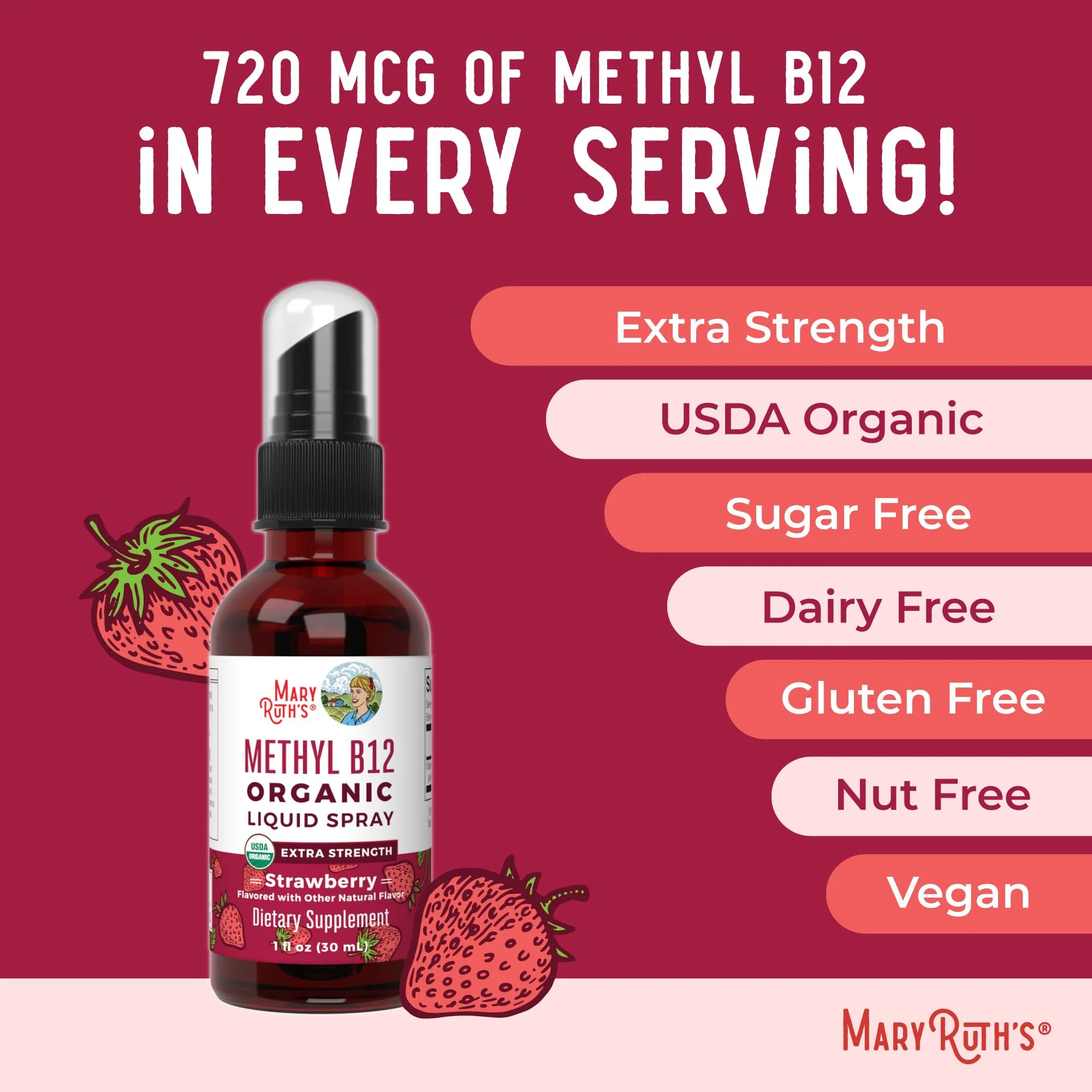 MaryRuth Organics Vitamin B12 Liquid Spray | Vegan, Non-GMO, Gluten-Free | USDA Organic Supplement | Energy & Nervous System Support | B12 Vitamins for Women & Men | 720 mcg | 1 Fl Oz - Image 4