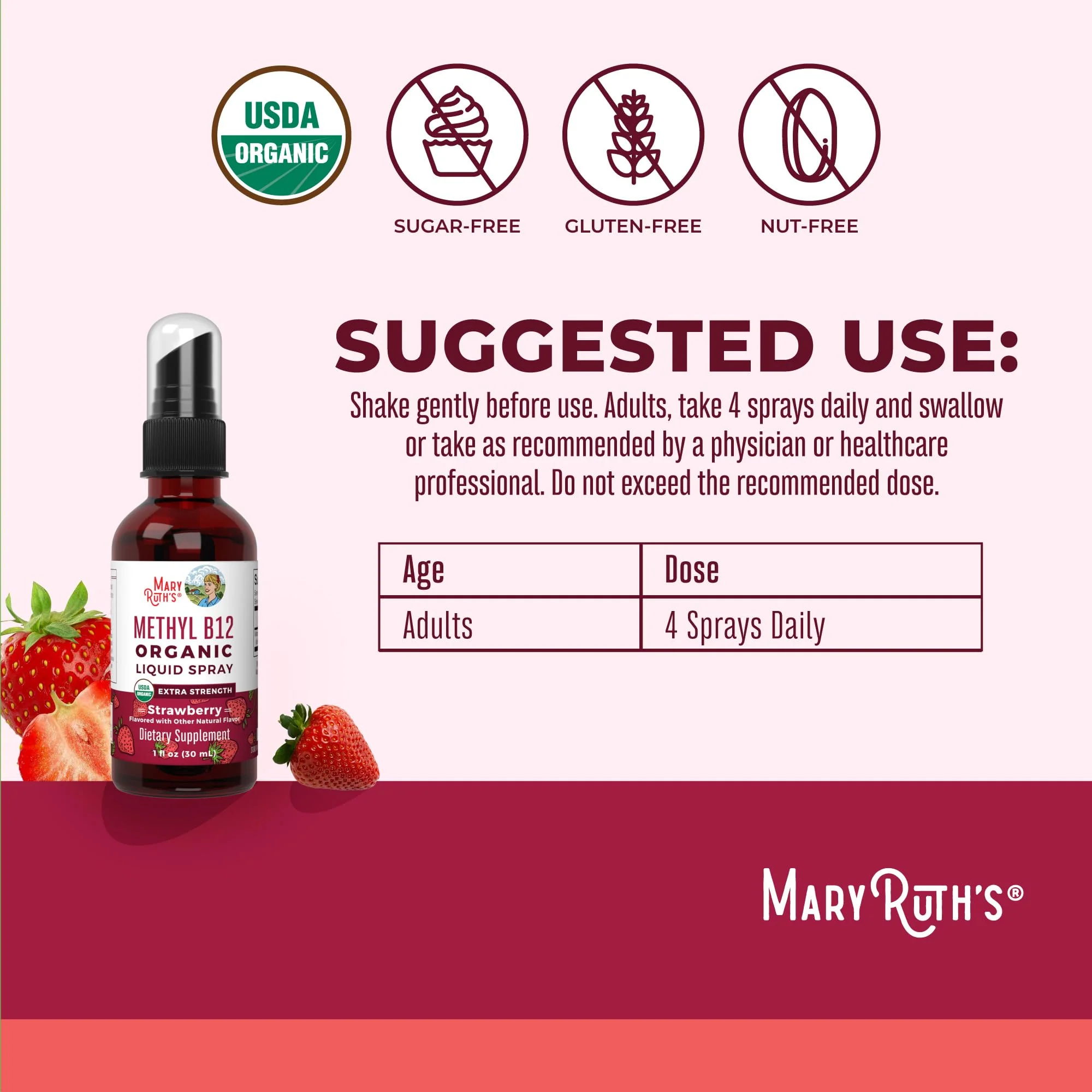 MaryRuth Organics Vitamin B12 Liquid Spray | Vegan, Non-GMO, Gluten-Free | USDA Organic Supplement | Energy & Nervous System Support | B12 Vitamins for Women & Men | 720 mcg | 1 Fl Oz - Image 8