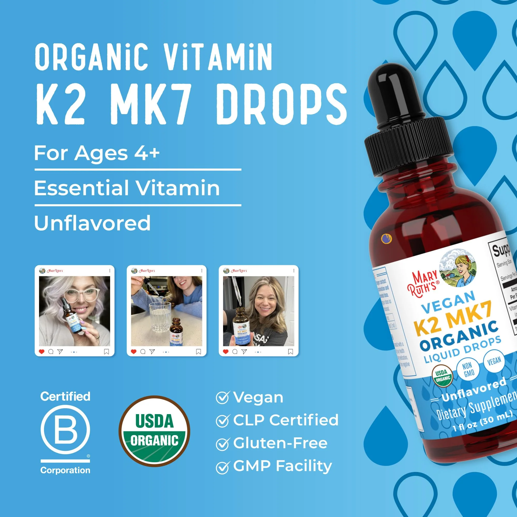 MaryRuth’s USDA Organic Vitamin K2 MK7 Liquid Drops for Adults & Kids | Sourced from Natto | Menaquinone- 7 | Vegan K2 Vitamin for Bone Health & Calcium Absorption | 1oz | Up to 90 Servings - Image 4