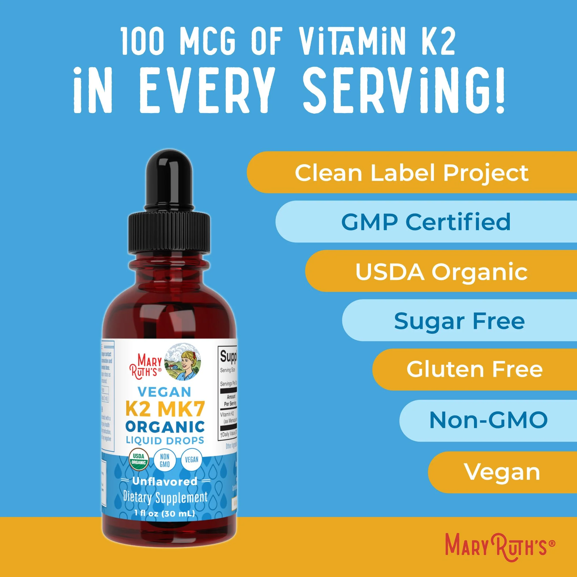 MaryRuth’s USDA Organic Vitamin K2 MK7 Liquid Drops for Adults & Kids | Sourced from Natto | Menaquinone- 7 | Vegan K2 Vitamin for Bone Health & Calcium Absorption | 1oz | Up to 90 Servings - Image 5
