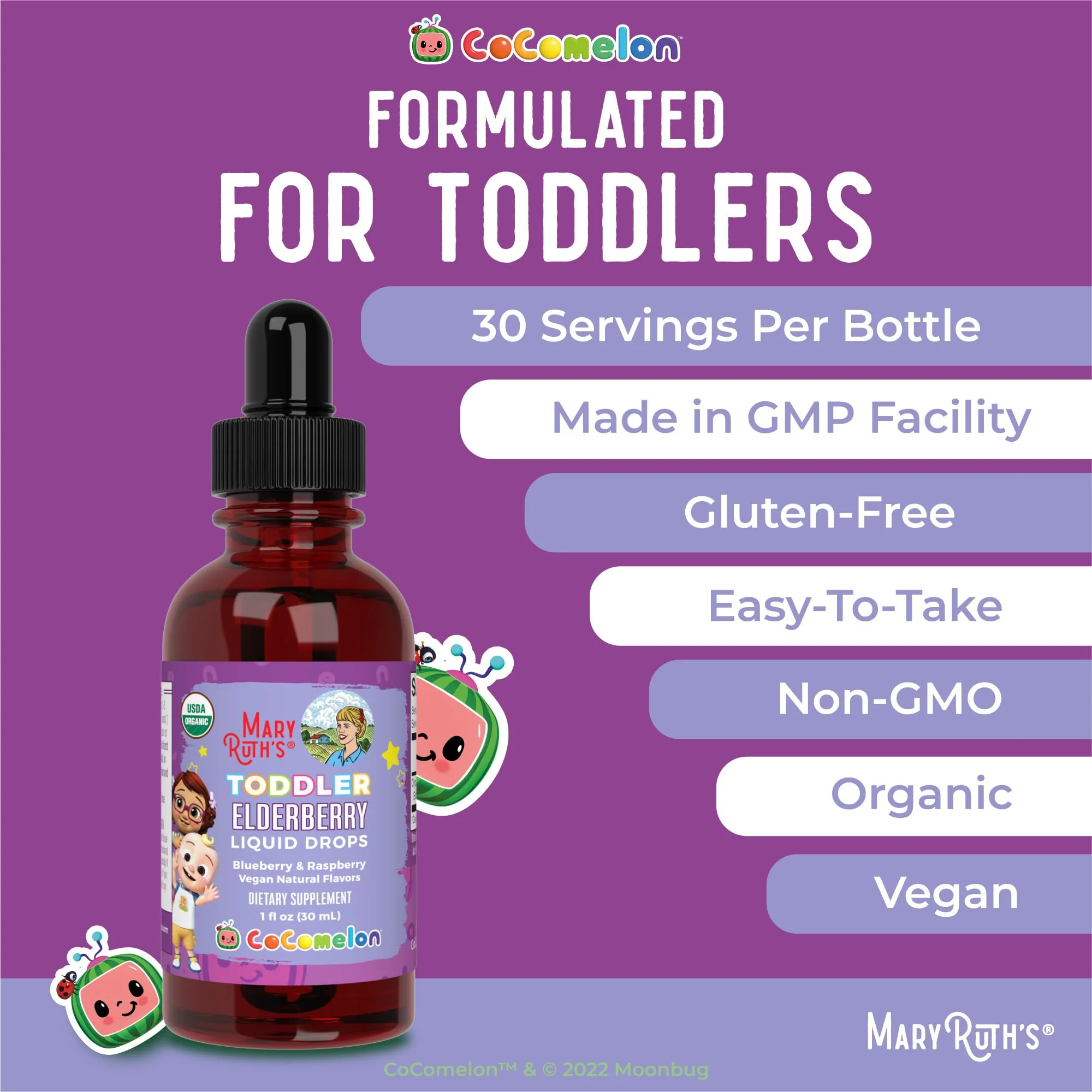 MARYRUTH'S Cocomelon Toddler Elderberry Syrup, USDA Organic Elderberry, Sugar Free Kids Immune Support Supplement for Ages 1-3 Years, Clean Label Project Verified®, Vegan, Gluten Free, 1 Fl Oz - Image 9