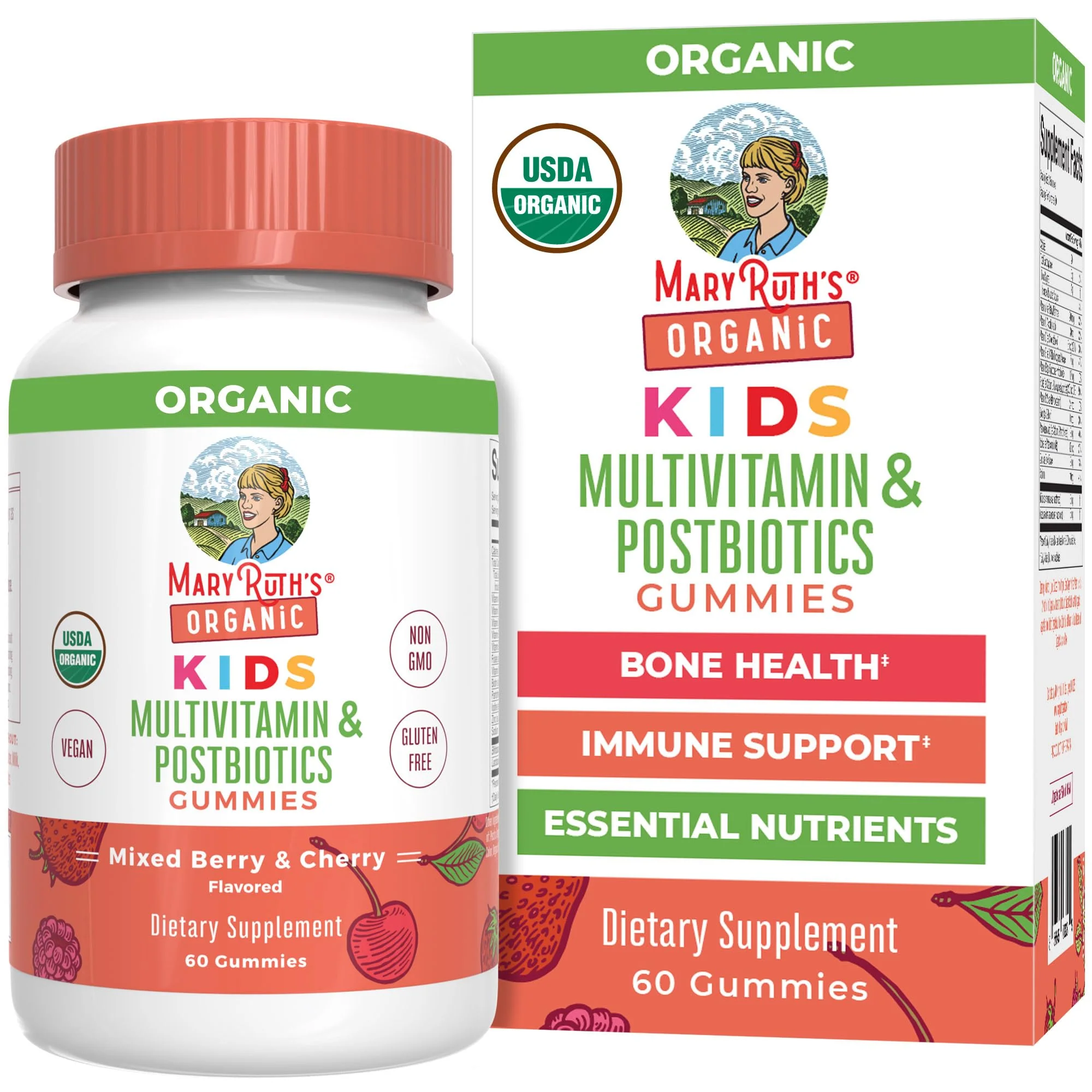MARYRUTH'S Kids Vitamins USDA Organic | Multivitamin Gummies + Postbiotics for Ages 4+ | Multivitamin for Kids with Lactobacillus Rhamnosus | Children’s Vitamins | Vegan | Non-GMO | 60 Count