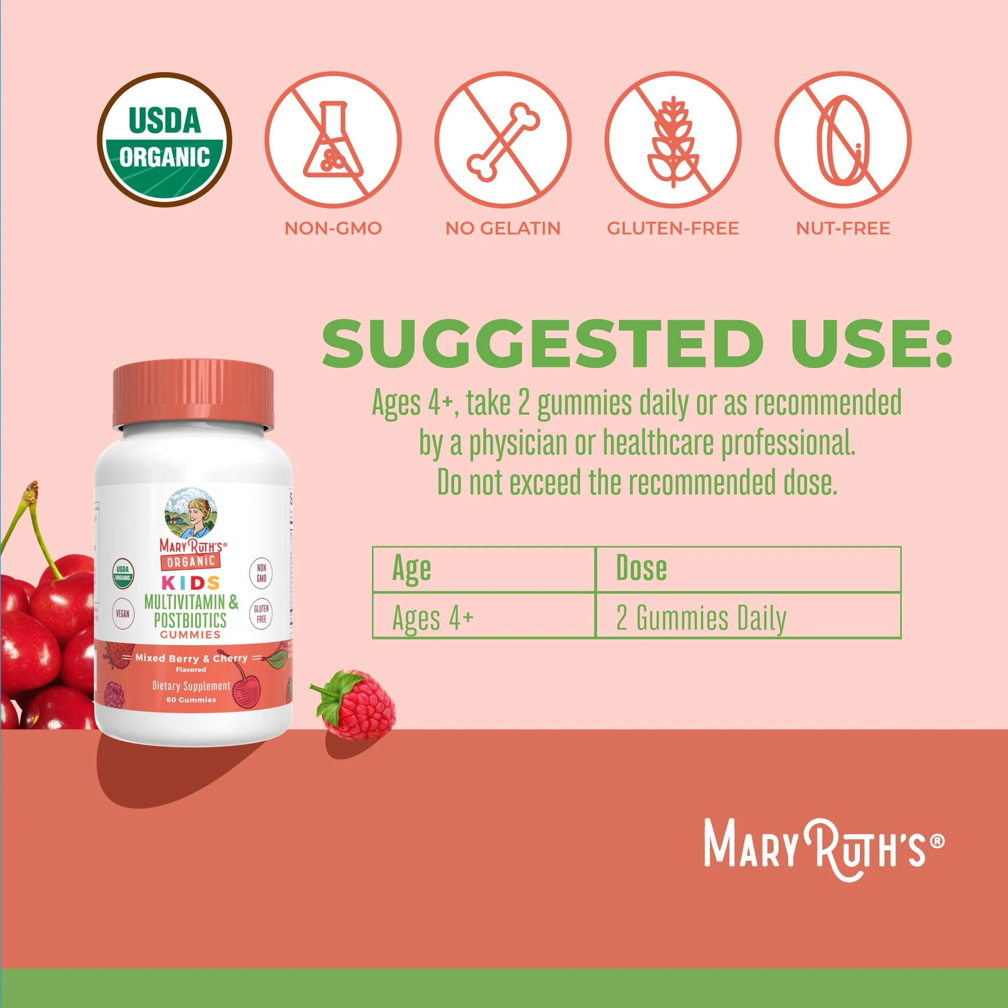 MARYRUTH'S Kids Vitamins USDA Organic | Multivitamin Gummies + Postbiotics for Ages 4+ | Multivitamin for Kids with Lactobacillus Rhamnosus | Children’s Vitamins | Vegan | Non-GMO | 60 Count - Image 3
