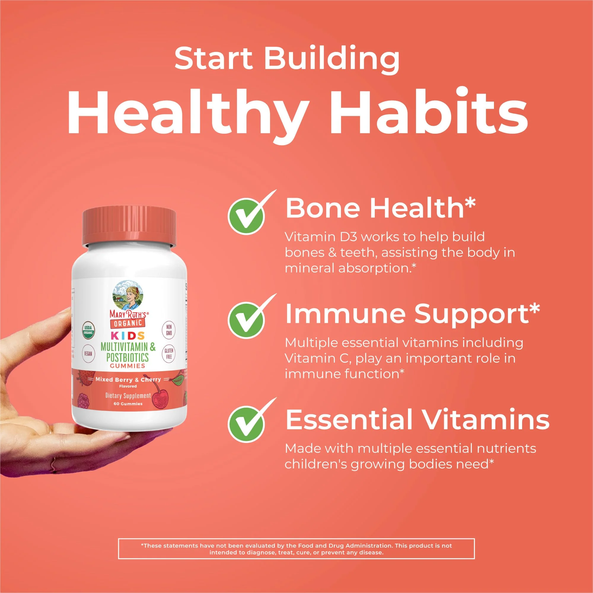 MARYRUTH'S Kids Vitamins USDA Organic | Multivitamin Gummies + Postbiotics for Ages 4+ | Multivitamin for Kids with Lactobacillus Rhamnosus | Children’s Vitamins | Vegan | Non-GMO | 60 Count - Image 5