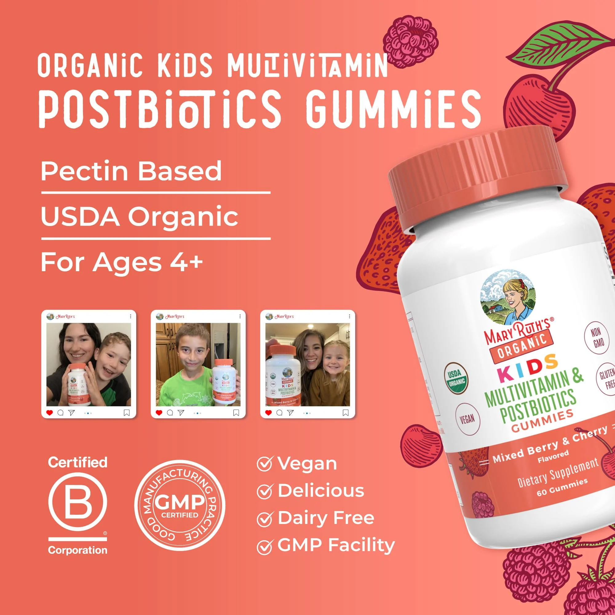 MARYRUTH'S Kids Vitamins USDA Organic | Multivitamin Gummies + Postbiotics for Ages 4+ | Multivitamin for Kids with Lactobacillus Rhamnosus | Children’s Vitamins | Vegan | Non-GMO | 60 Count - Image 8