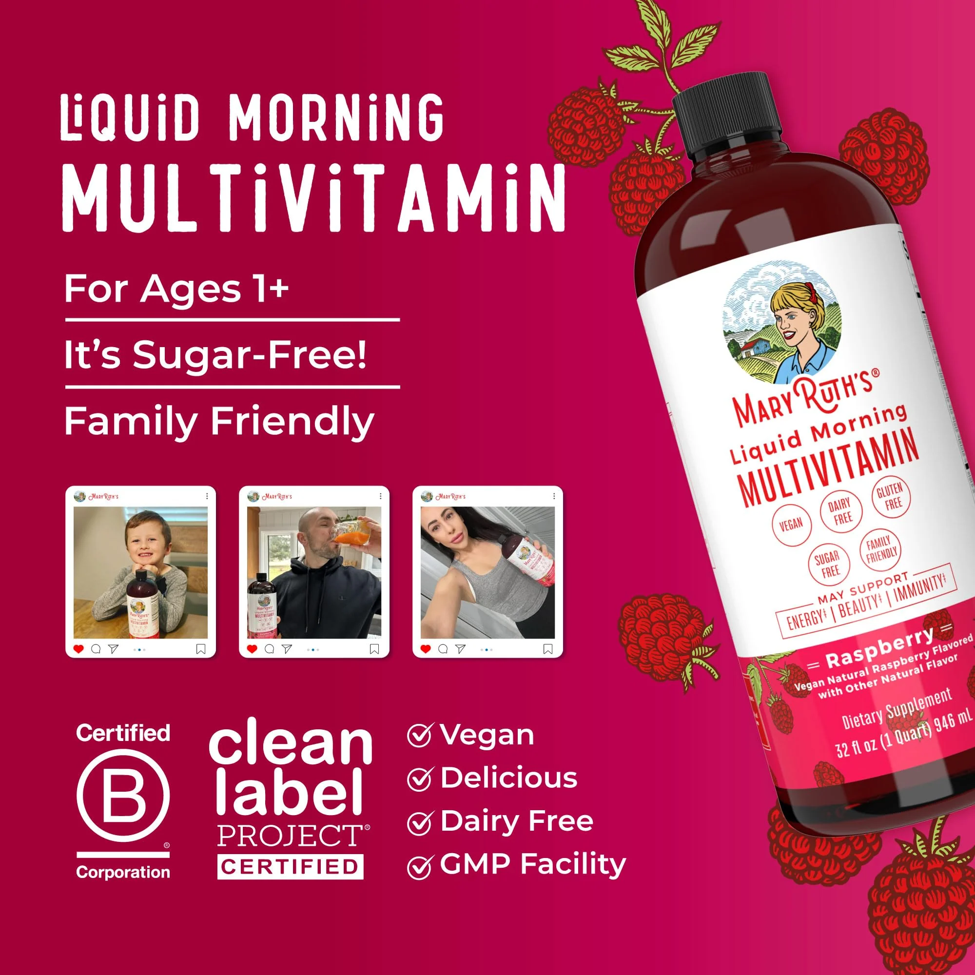 MARYRUTH'S Liquid Morning Multivitamin for Women, Men & Kids | Vitamin A C D E B6 B12 Biotin Zinc | Beauty | Vegan | Non-GMO | Gluten Free | 16 Servings - Image 8