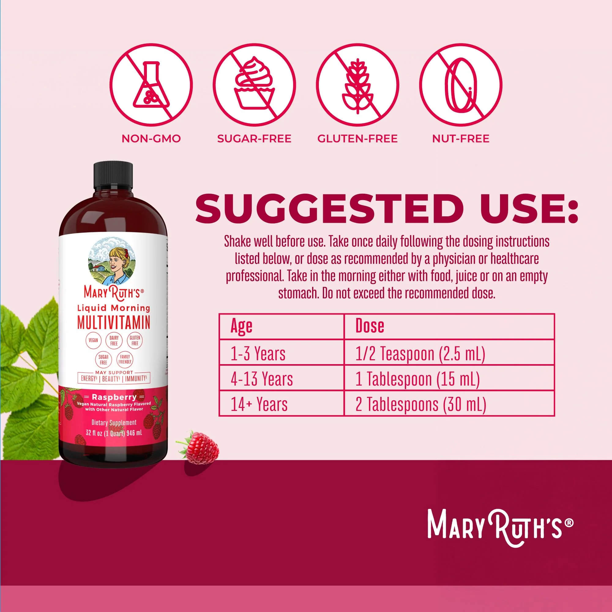 MARYRUTH'S Liquid Morning Multivitamin for Women, Men & Kids | Vitamin A C D E B6 B12 Biotin Zinc | Beauty | Vegan | Non-GMO | Gluten Free | 16 Servings - Image 3