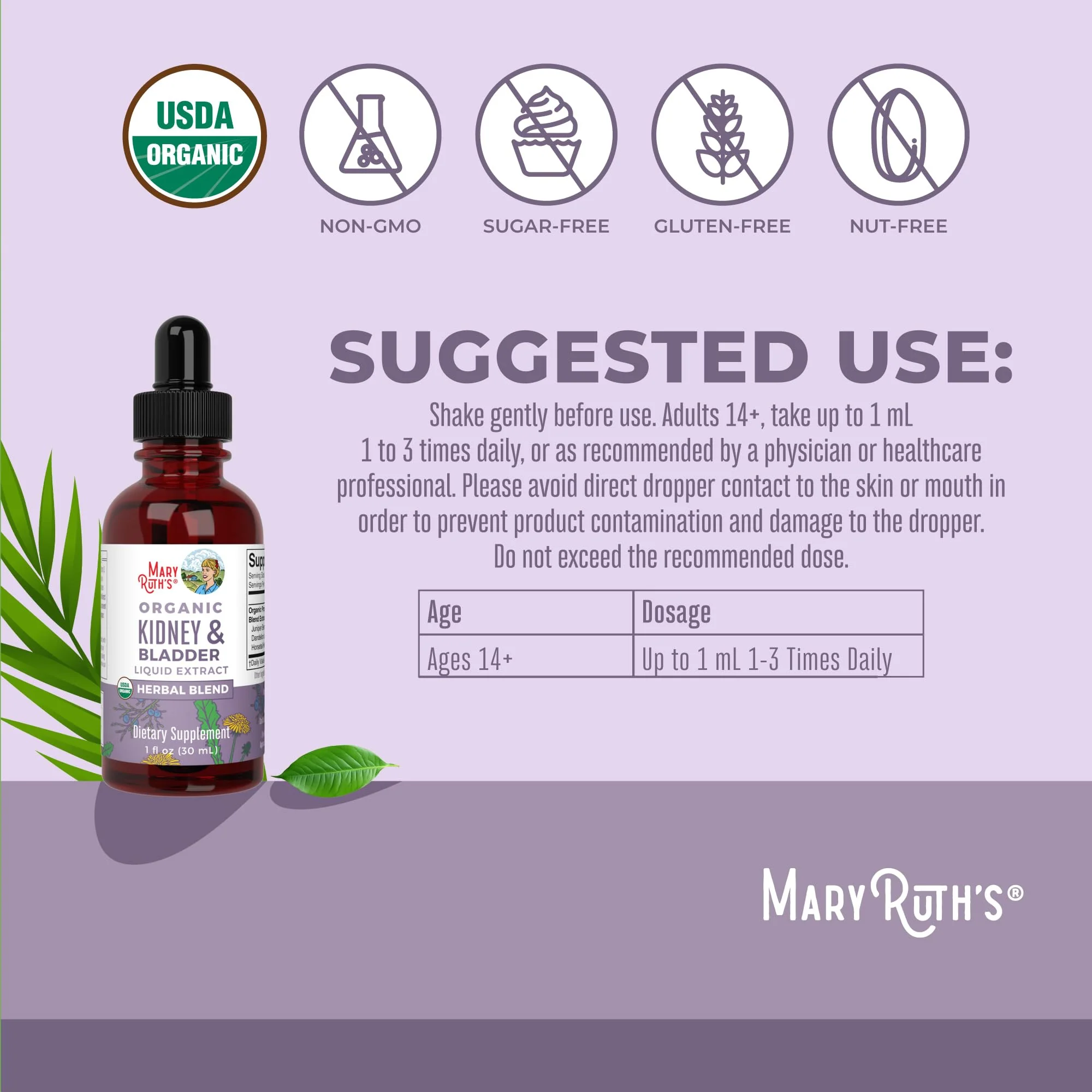 MARYRUTH'S Organics Herbal Supplement Drops | Support Renal & Urinary Systems | Juniper Berry | Cleavers | Dandelion | Hawthorn | Horsetail & Chanca Piedra | Vegan | Non-GMO | 1 Fl Oz - Image 4
