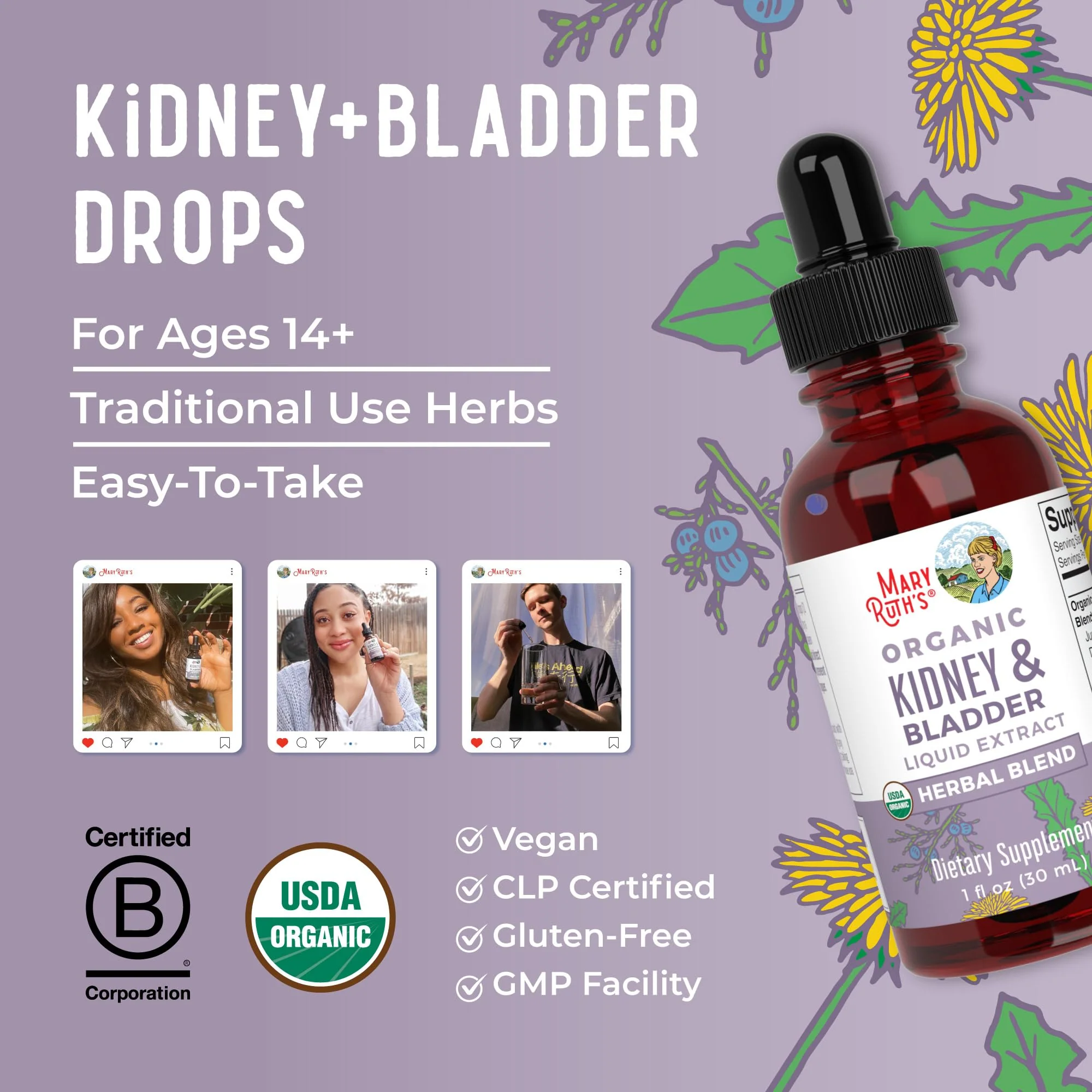 MARYRUTH'S Organics Herbal Supplement Drops | Support Renal & Urinary Systems | Juniper Berry | Cleavers | Dandelion | Hawthorn | Horsetail & Chanca Piedra | Vegan | Non-GMO | 1 Fl Oz - Image 9