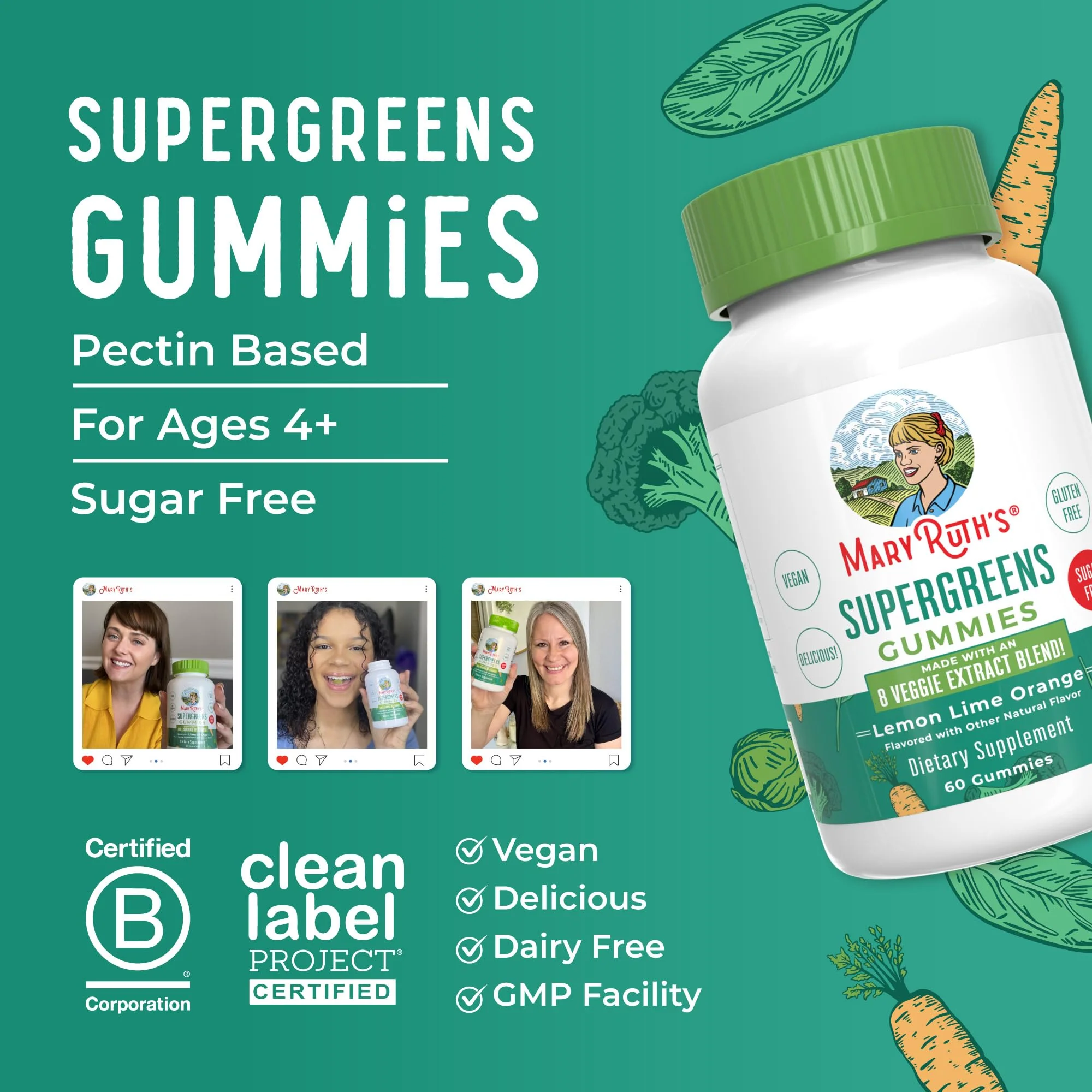 MaryRuth's Super Greens | Naturally-Occurring Quercetin | Spirulina | Broccoli Root | Kale Leaf | Sugar Free Gummies for Adults and Kids Ages 4+ | 2g Fiber | Vegan | 60 Count - Image 3