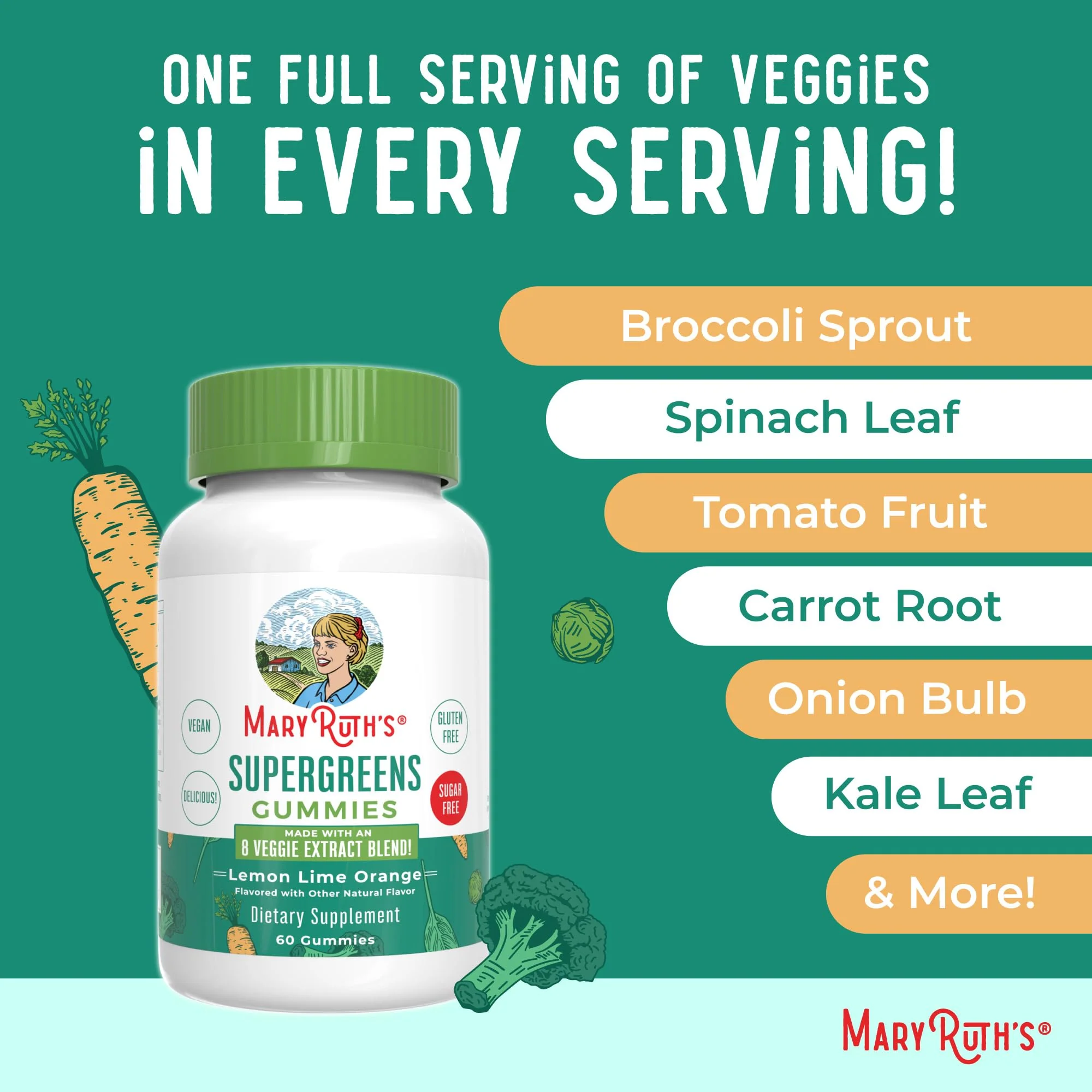 MaryRuth's Super Greens | Naturally-Occurring Quercetin | Spirulina | Broccoli Root | Kale Leaf | Sugar Free Gummies for Adults and Kids Ages 4+ | 2g Fiber | Vegan | 60 Count - Image 4