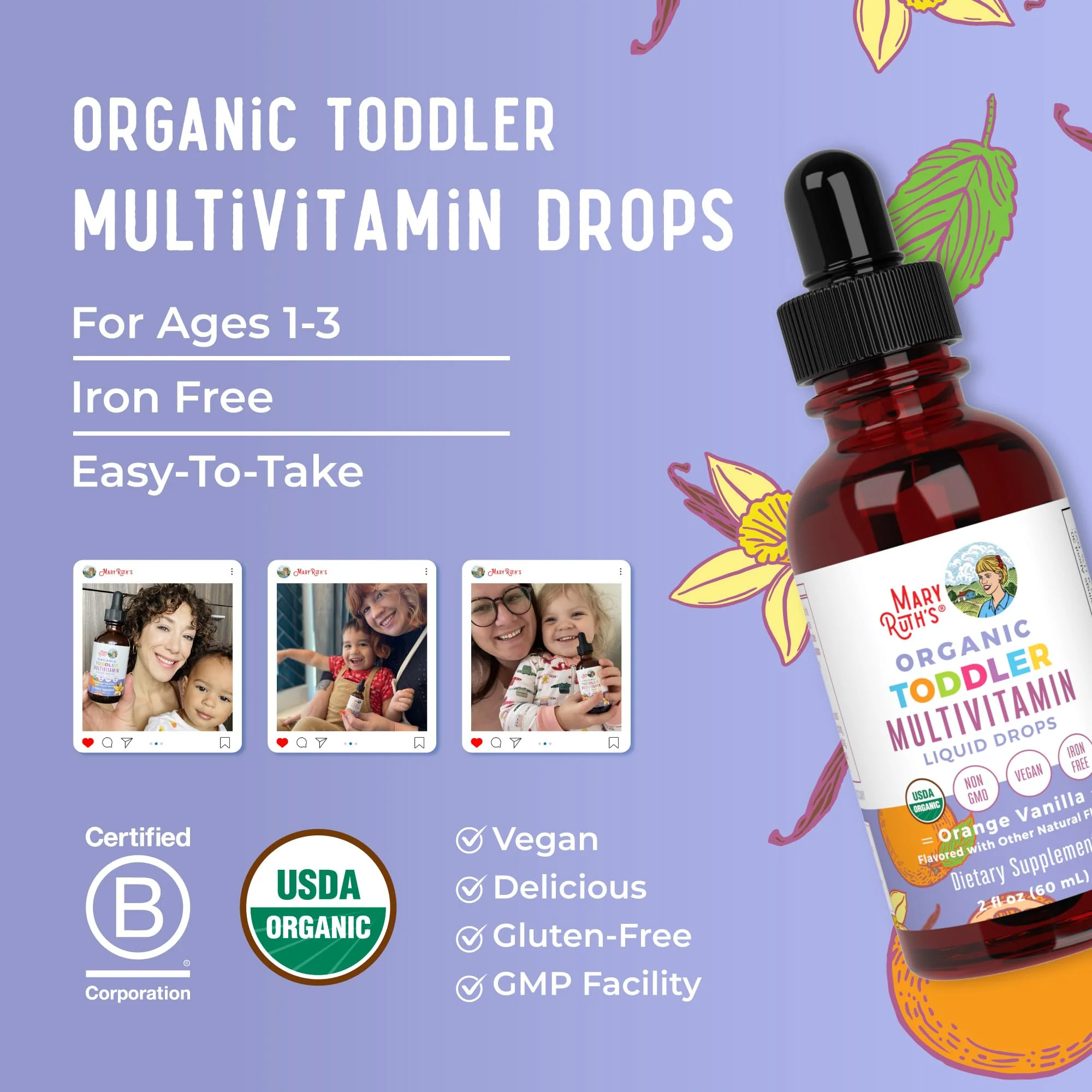 MaryRuth's Toddler Multivitamin | Vitamin A C D E B6 B12 Zinc | Healthy Growth Support | Immunity | Bone Health | Cognitive Function | Organic | Sugar Free | Vegan | Non-GMO | 2 Fl Oz | 30 Day Supply - Image 8