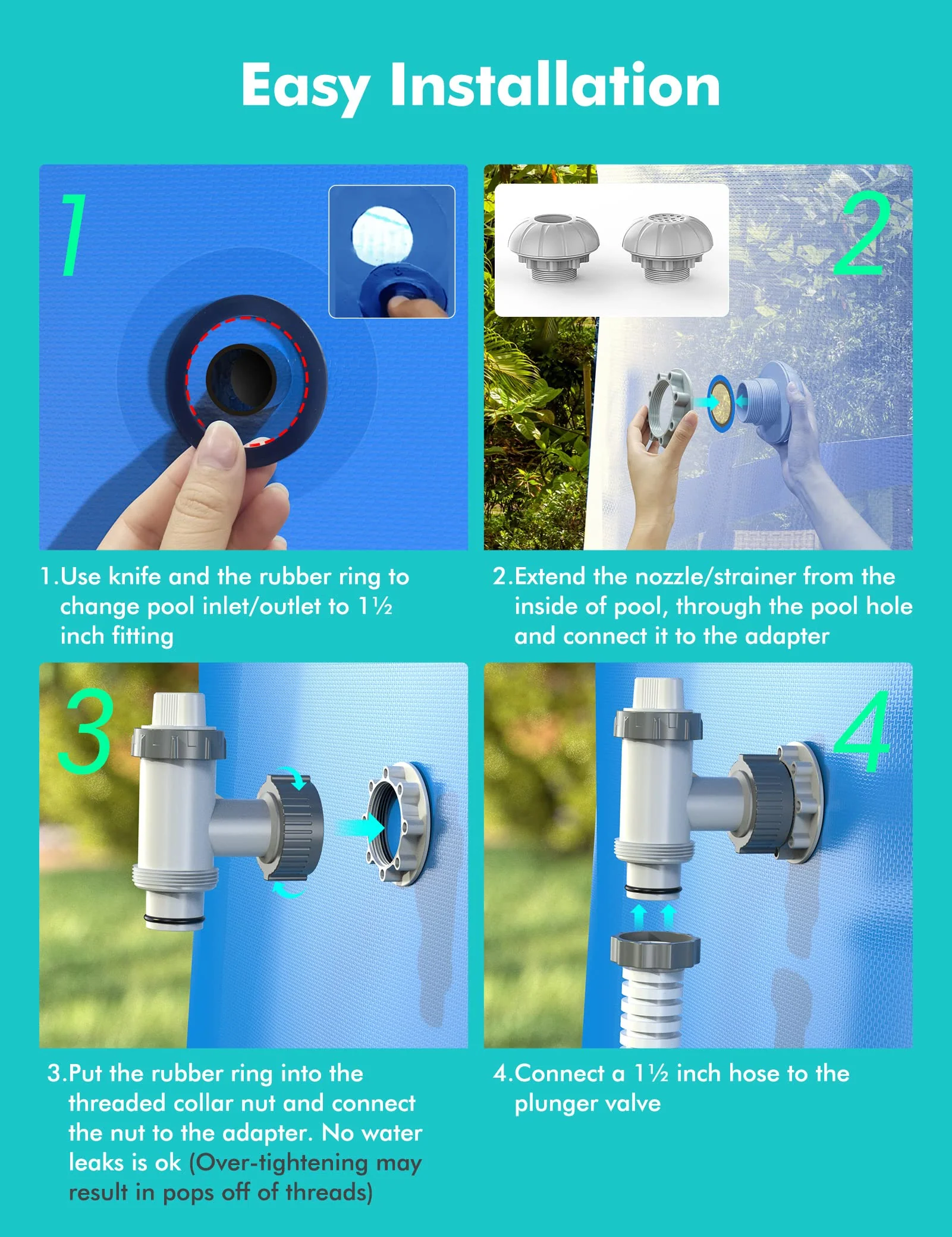 MASCARRY Above Ground Pool Parts, Plunger Valves for Pools Replacement Parts, Pool Pump Part with On Off Plunger Valves, 1.5" Outlet Strainer & Inlet Nozzle, Pool Hose Adapter for Sand Pump - Image 3