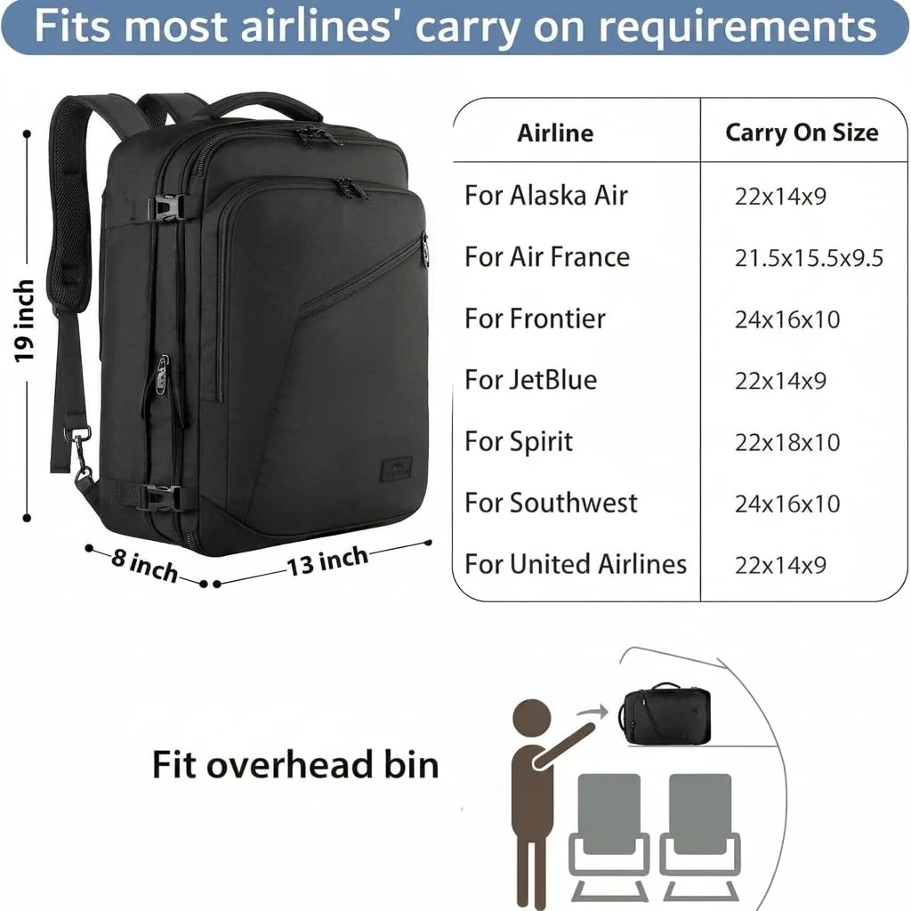MATEIN Carry on Backpack, Extra Large Travel Backpack Expandable Airplane Approved Weekender Bag for Men and Women, Water Resistant Lightweight Daypack for Flight 40L, Black - Image 3