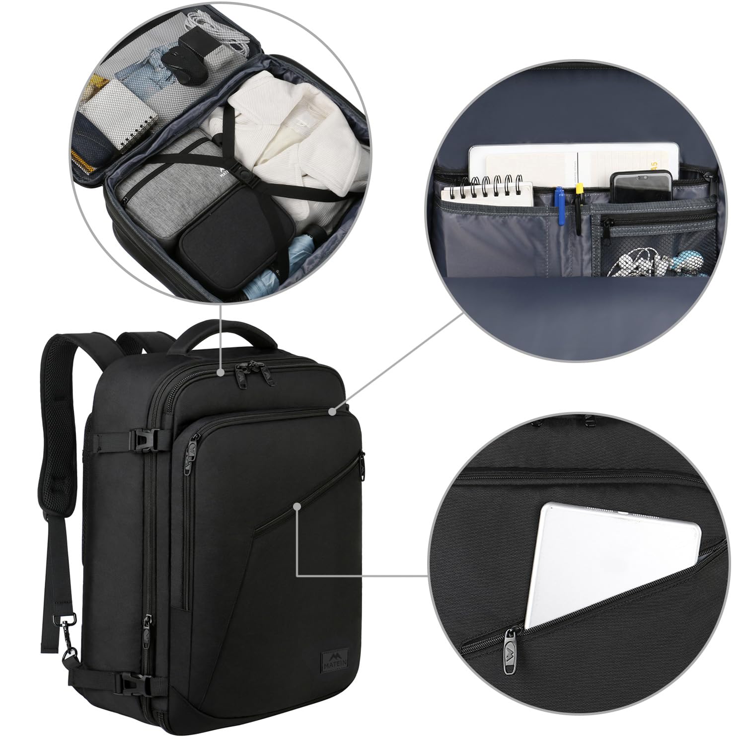 MATEIN Carry on Backpack, Extra Large Travel Backpack Expandable Airplane Approved Weekender Bag for Men and Women, Water Resistant Lightweight Daypack for Flight 40L, Black - Image 8