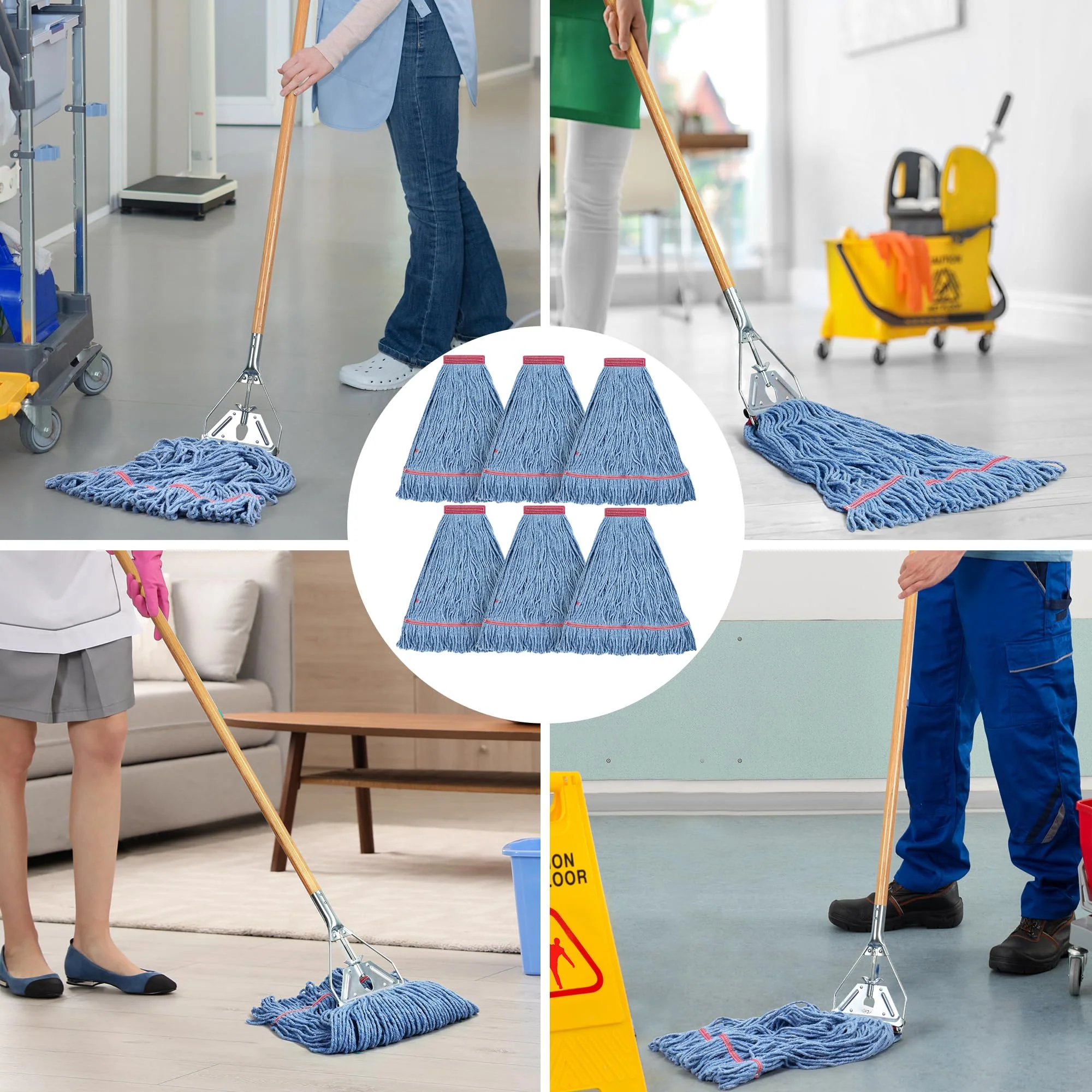 Matthew Cleaning 24oz Heavy Duty Mop Head Commercial Replacement for General and Floor Cleaning, Wet Industrial Blue Cotton Looped End String Head Refill (Pack of 6) Blue - Image 3