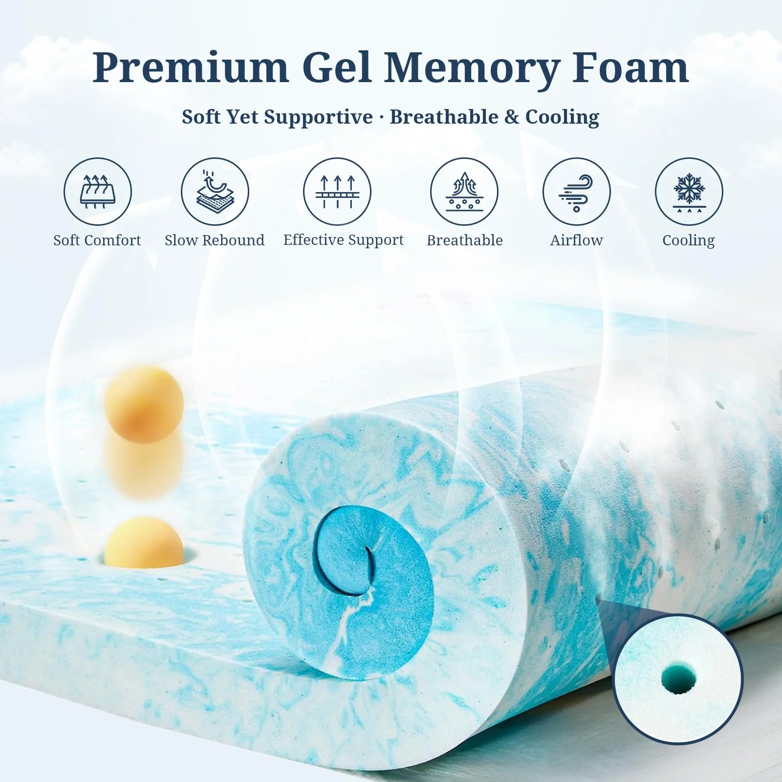 Mattress Topper Queen, 3 Inch Gel Memory Foam Bed Topper for Queen Size Bed, CertiPUR-US Certified, Blue - Image 3
