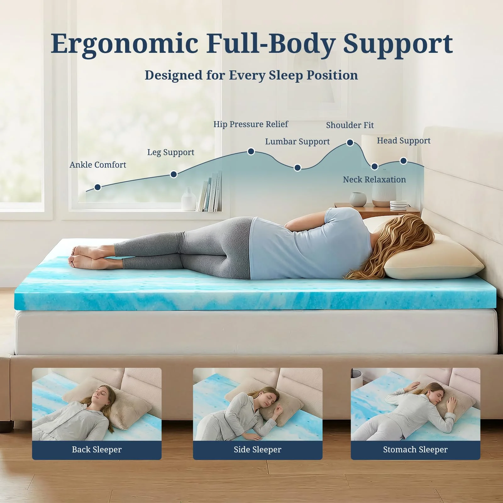 Mattress Topper Queen, 3 Inch Gel Memory Foam Bed Topper for Queen Size Bed, CertiPUR-US Certified, Blue - Image 4