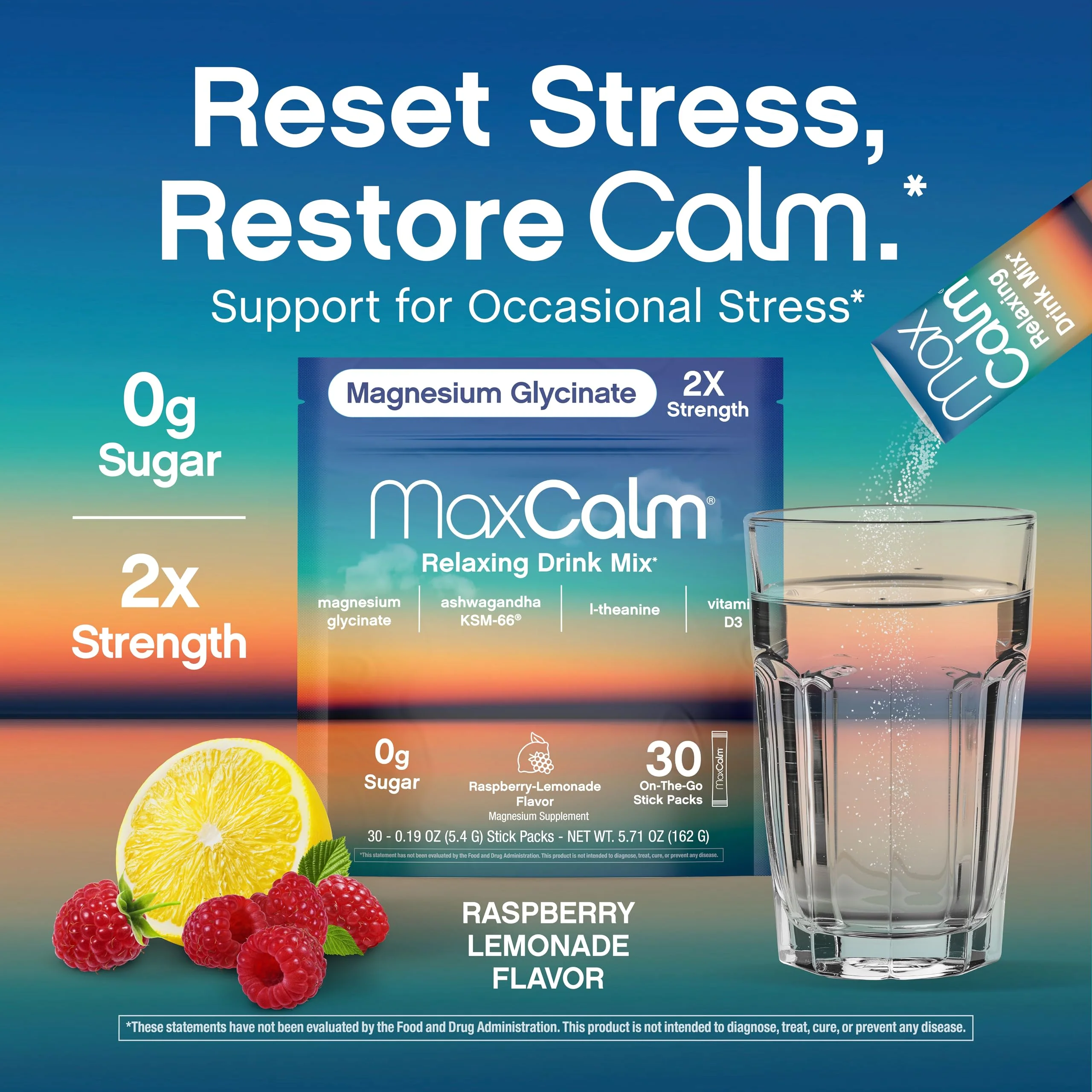 Max Calm Relaxing Drink Mix | Raspberry-Lemonade Flavor | Magnesium & KSM-66 Ashwagandha Supplement | Supports Relaxation | 30 Single-Serve Packets - Image 5