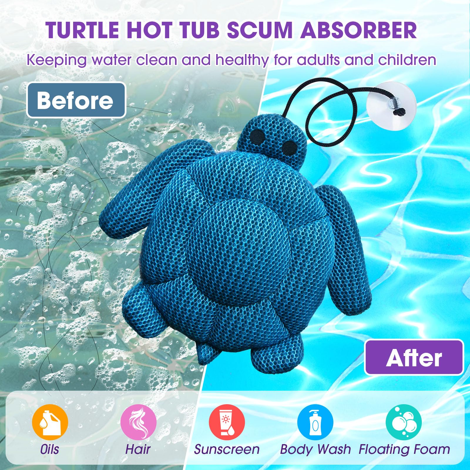 MAXDORIA Hot Tub Scum Absorber, 2 Pack Hot Tub Accessories for Adults, Turtle Hot Tub Sponge Scum Cleaner Gifts for Spa, Reusable Oil Absorbing Scumbug Remover Keeps Water Clean - Image 5