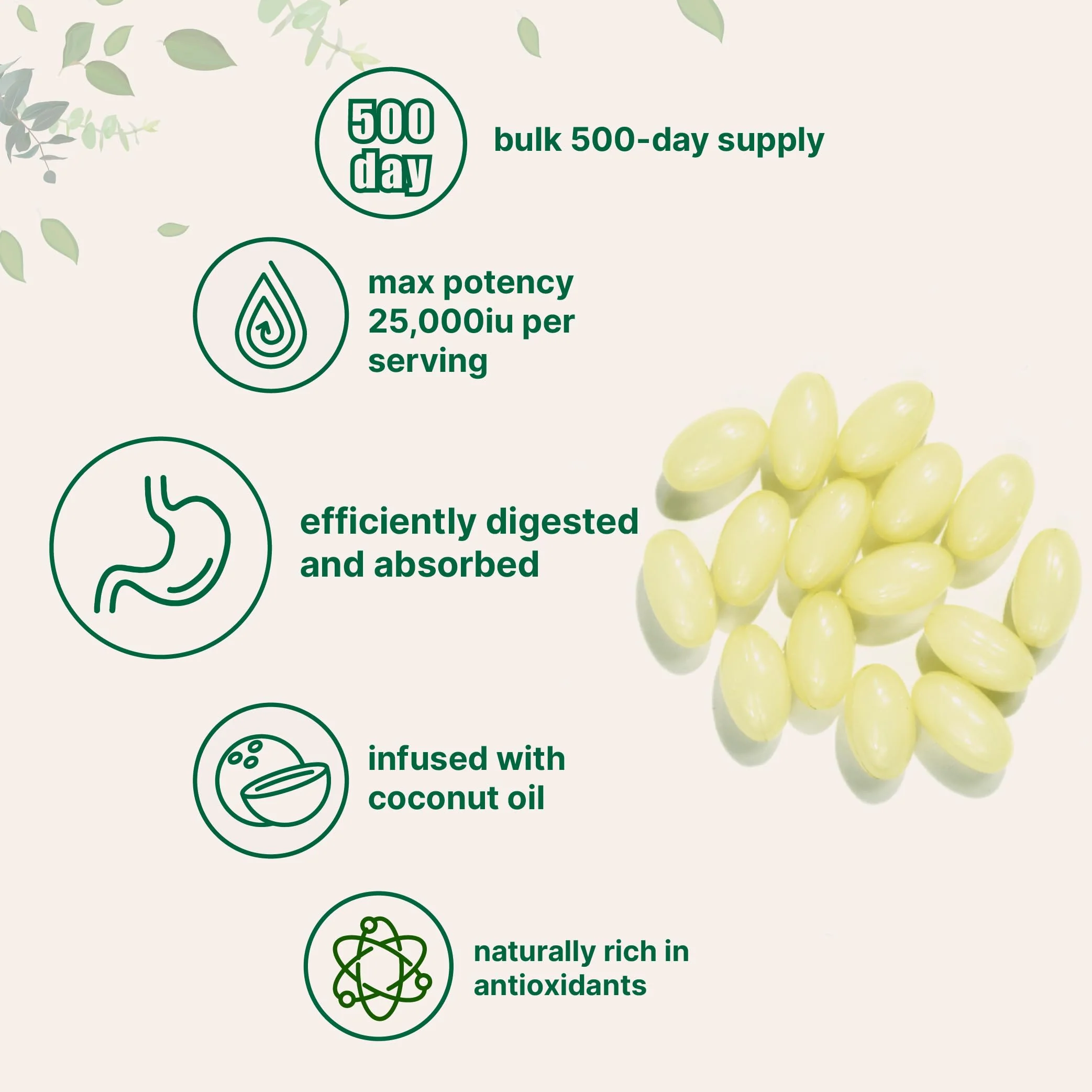 Maximum Strength Vitamin A 25000 IU | 500 Softgels with Coconut Oil for Better Absorption | Essential Vitamins | Non-GMO, Easy to Swallow - Image 5