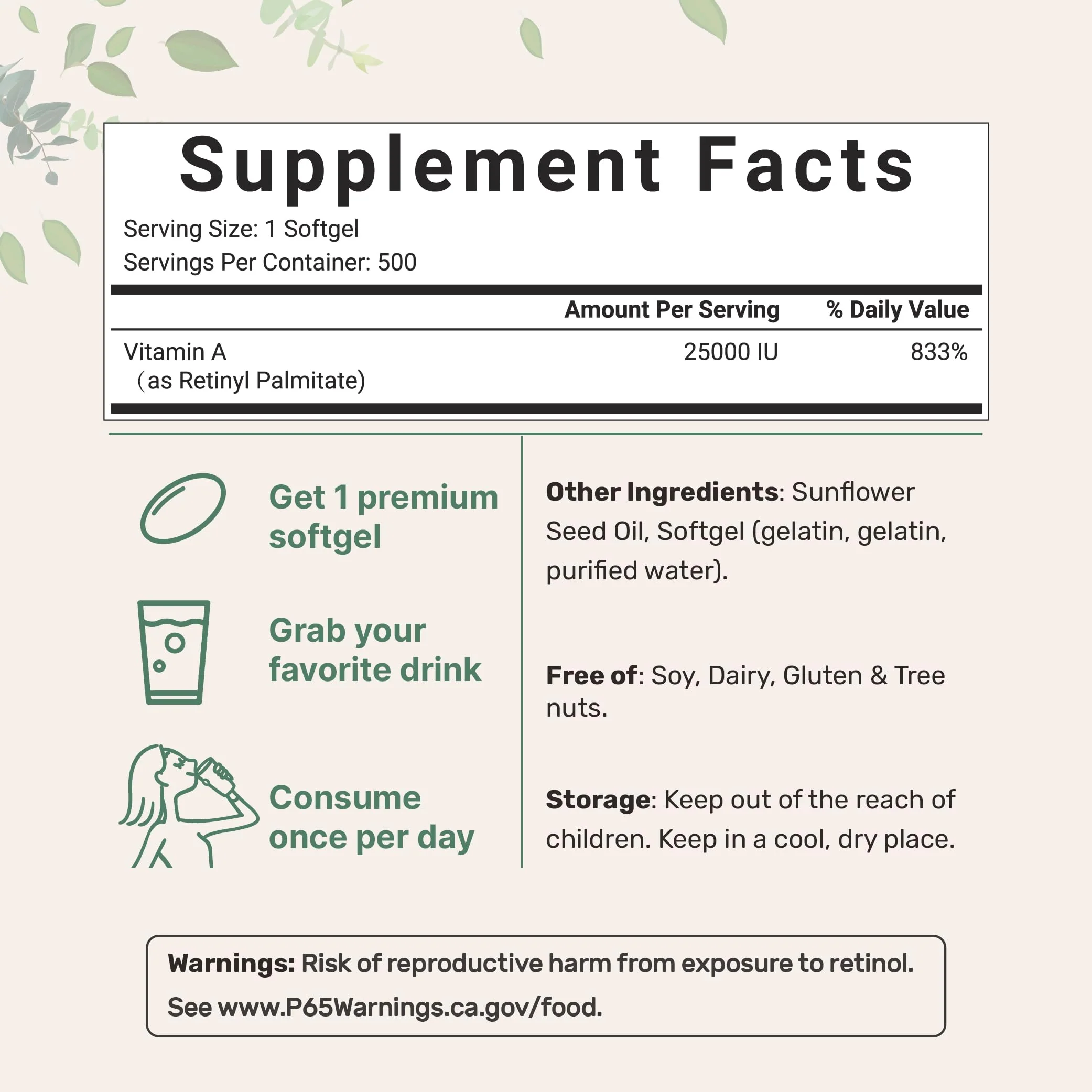 Maximum Strength Vitamin A 25000 IU | 500 Softgels with Coconut Oil for Better Absorption | Essential Vitamins | Non-GMO, Easy to Swallow - Image 6