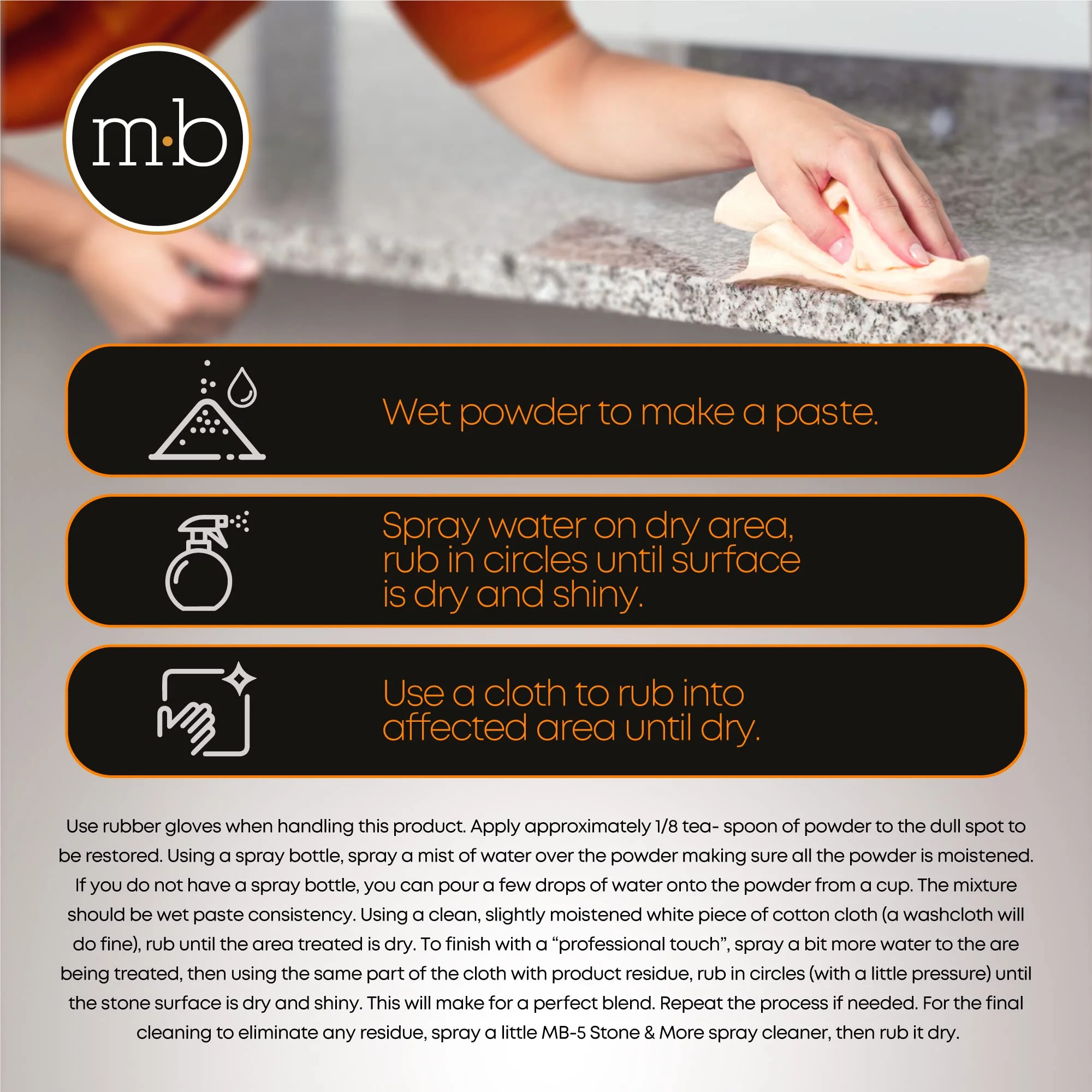 MB-11 Marble Polishing Powder with Microfiber Cloth and Gloves - Spot Polish Water Stains, Rings or Etches to Restore Marble, Travertine, Limestone or Onyx - Image 3