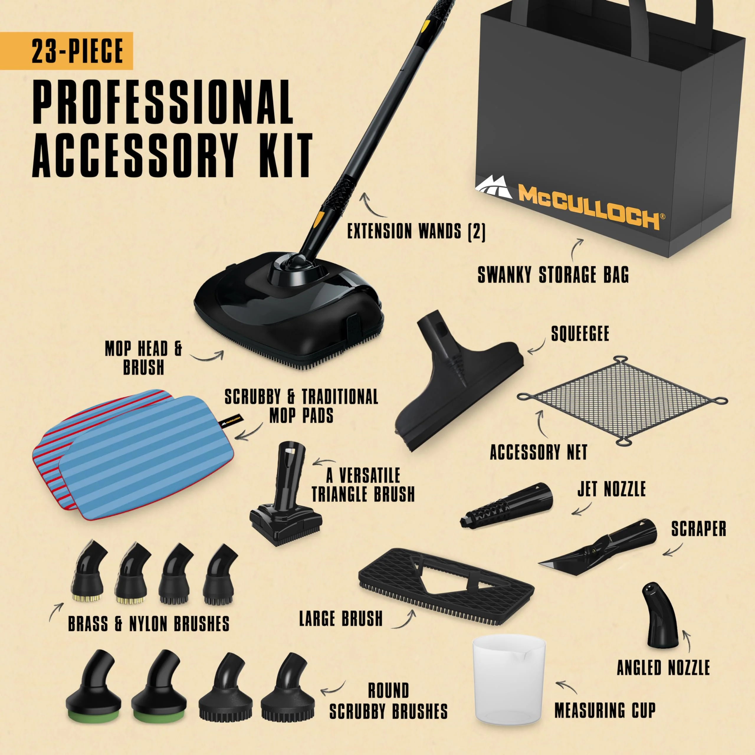 McCulloch MC1385 Deluxe Canister Steam Cleaner, 2-Hour Runtime, Chemical-Free, 23 Accessories: Mop Head, Brushes & More - Built for Home, Tile, Carpet, Furniture, & Personal Car Detailing - Image 5