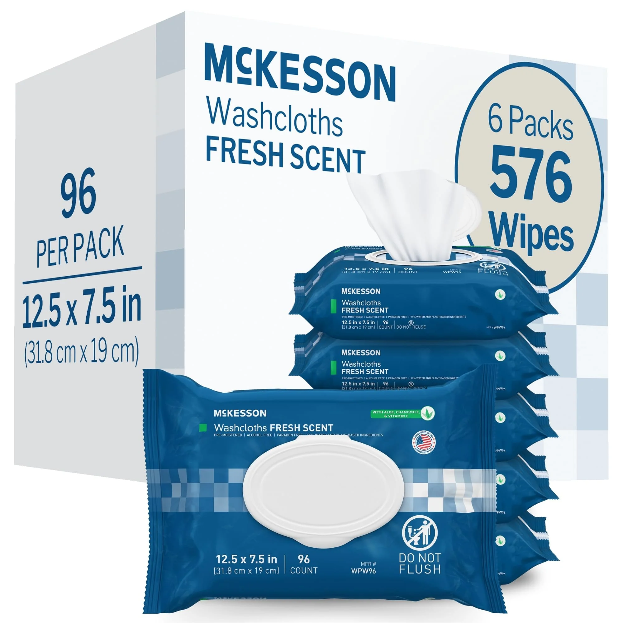 McKesson Washcloth Wipes for Adults, Scented (6 Pack, 576 Washcloths) Disposable Wash Cloths for Body - No-Rinse Formula with Snap Lid - Good for Incontinence and Elderly - 96 Wipes Per Pack