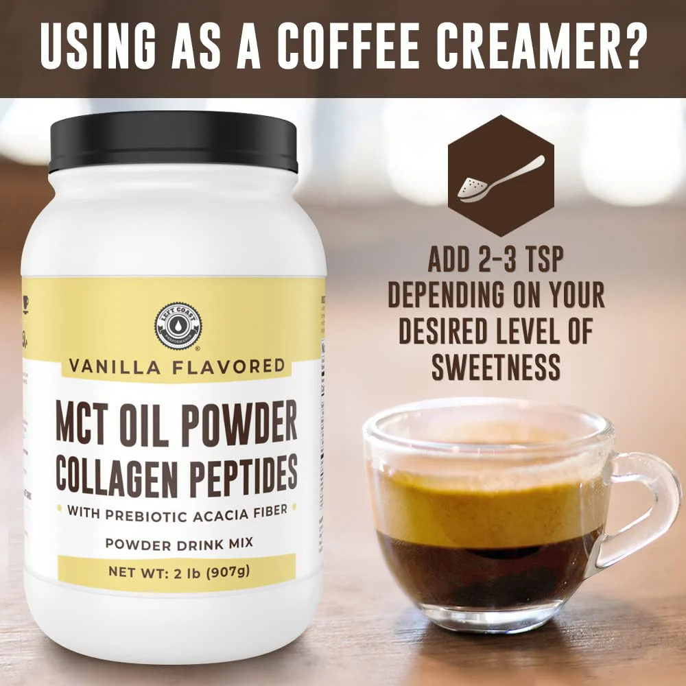 MCT Oil Powder with Acacia Fiber & Collagen Peptides – Prebiotic Collagen Protein, 10g MCTs from Coconuts, Sugar Free Keto Coffee Creamer – Grass Fed, Vanilla Flavor, Non-GMO, Gluten Free, 32 oz - Image 3