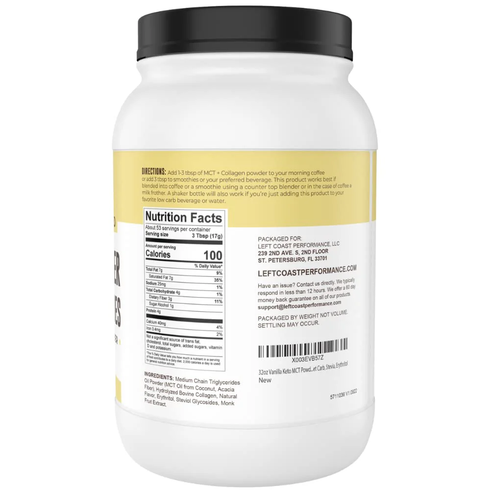 MCT Oil Powder with Acacia Fiber & Collagen Peptides – Prebiotic Collagen Protein, 10g MCTs from Coconuts, Sugar Free Keto Coffee Creamer – Grass Fed, Vanilla Flavor, Non-GMO, Gluten Free, 32 oz - Image 7
