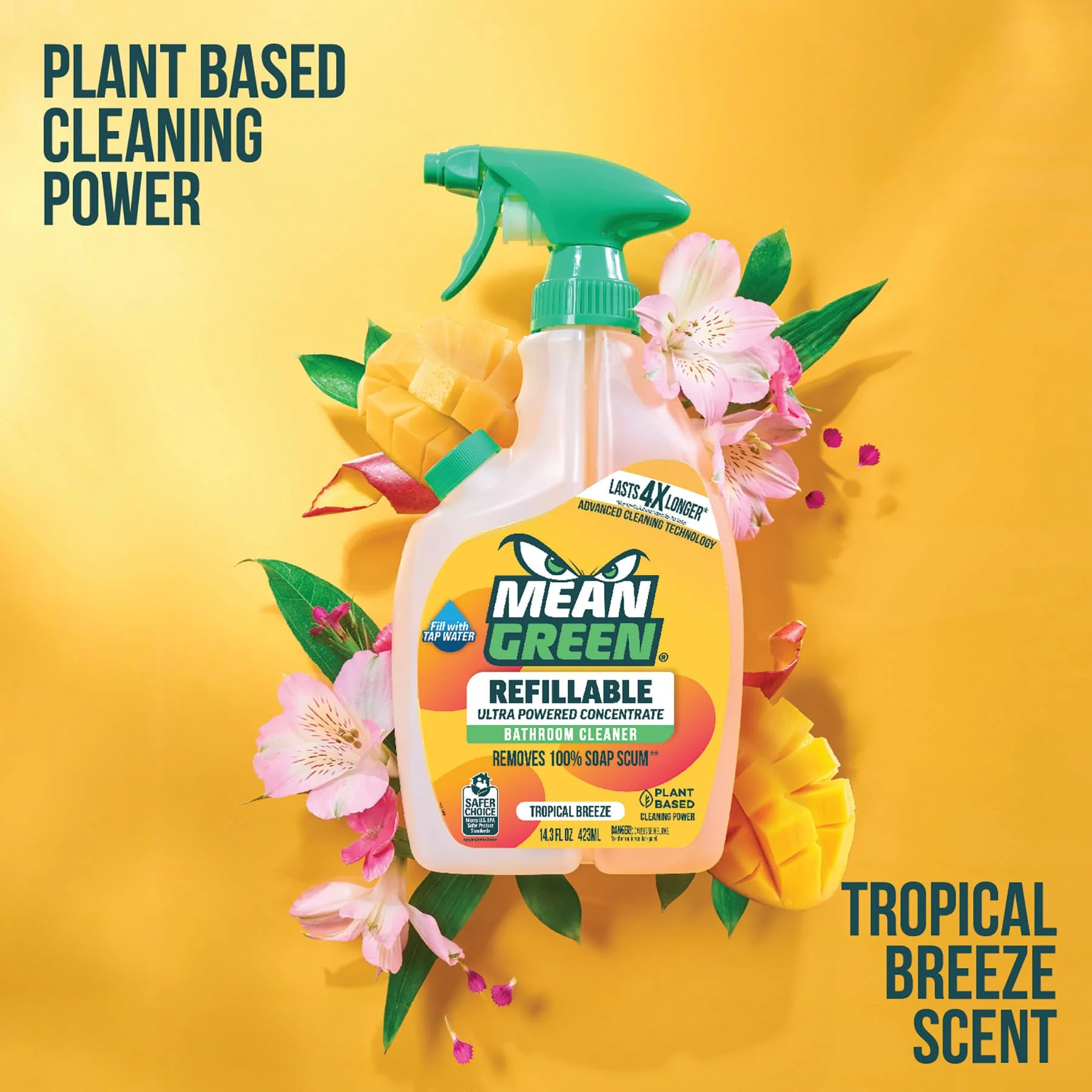 Mean Green Refillable Ultra Powered Bathroom Cleaner Concentrate, Tropical Breeze, 14.3 fl oz (2-Pack) – Plant & Mineral Based, Removes 100% of Soap Scum, Refillable Bottle Makes 4X Refills - Image 3