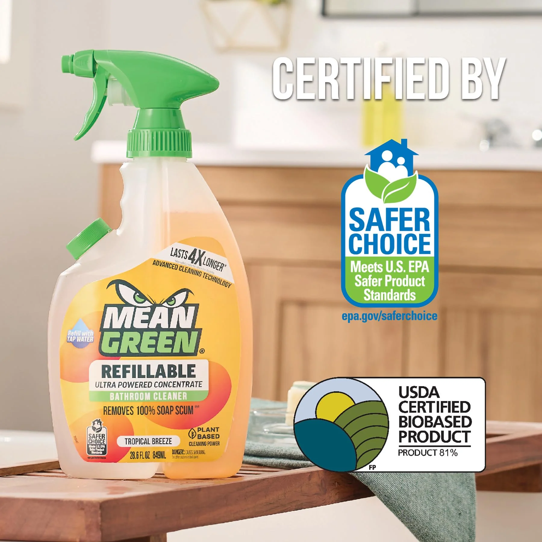 Mean Green Refillable Ultra Powered Bathroom Cleaner Concentrate, Tropical Breeze, 14.3 fl oz (2-Pack) – Plant & Mineral Based, Removes 100% of Soap Scum, Refillable Bottle Makes 4X Refills - Image 4