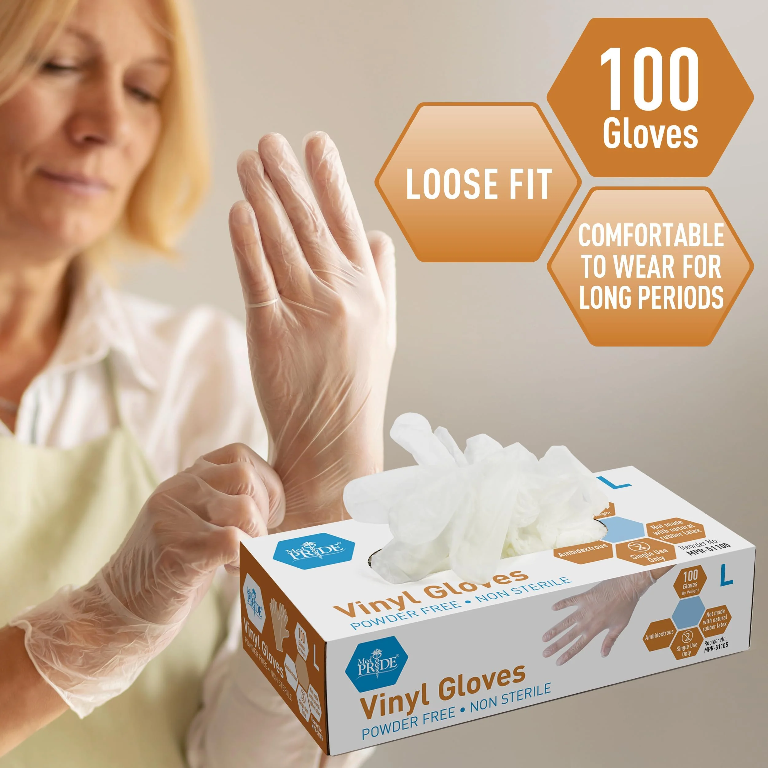 Med PRIDE Vinyl Gloves| 4.3 mil Thick, Powder-Free, Non-Sterile, Heavy Duty Disposable Gloves| Medical, Food Hand - Image 2