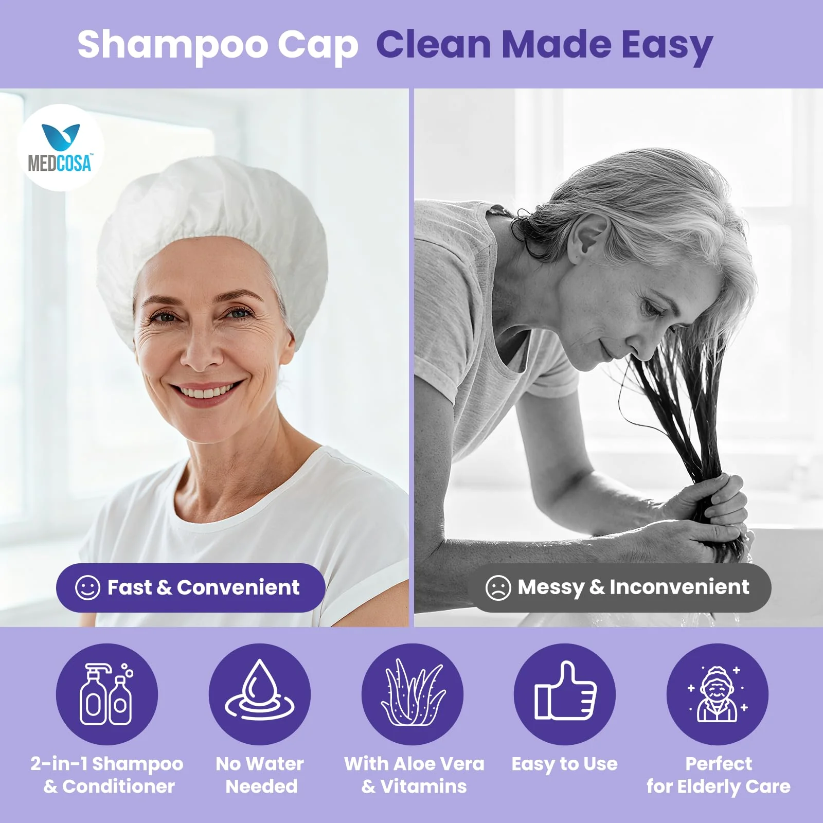 Medcosa No Rinse Shampoo Caps - Waterless Shampoo and Conditioner Hair Wash Cap - Dry Hair Washing Aids with Aloe Vera and Vitamins - Pack of 5 Rinse Free No Water Shower Caps - Image 2