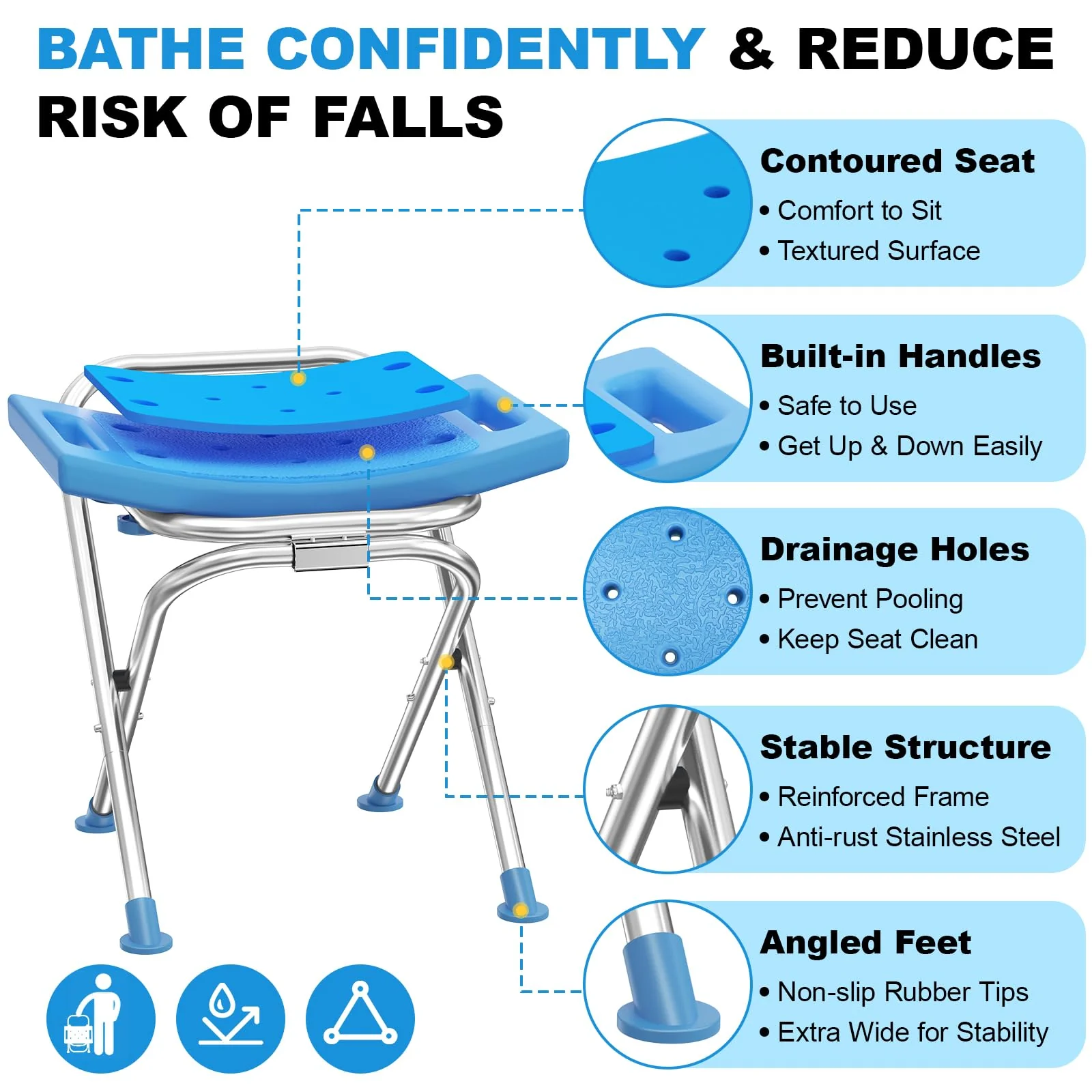 Medhelp Upgraded Folding Shower Chair, Stainless Steel Foldable Shower Seat for Inside Bathtub, Lightweight & Portable Travel Shower Stool, Anti-Slip Feet Bath Chair for Elderly, Disabled, Injured - Image 4