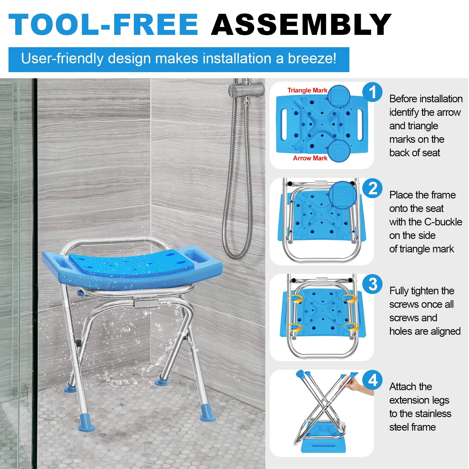 Medhelp Upgraded Folding Shower Chair, Stainless Steel Foldable Shower Seat for Inside Bathtub, Lightweight & Portable Travel Shower Stool, Anti-Slip Feet Bath Chair for Elderly, Disabled, Injured - Image 5