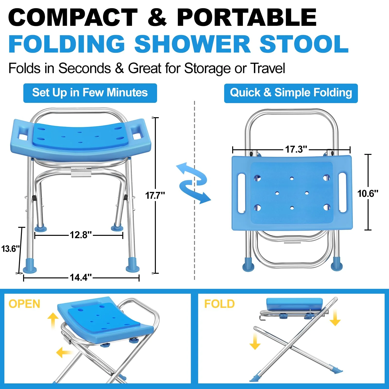 Medhelp Upgraded Folding Shower Chair, Stainless Steel Foldable Shower Seat for Inside Bathtub, Lightweight & Portable Travel Shower Stool, Anti-Slip Feet Bath Chair for Elderly, Disabled, Injured - Image 6
