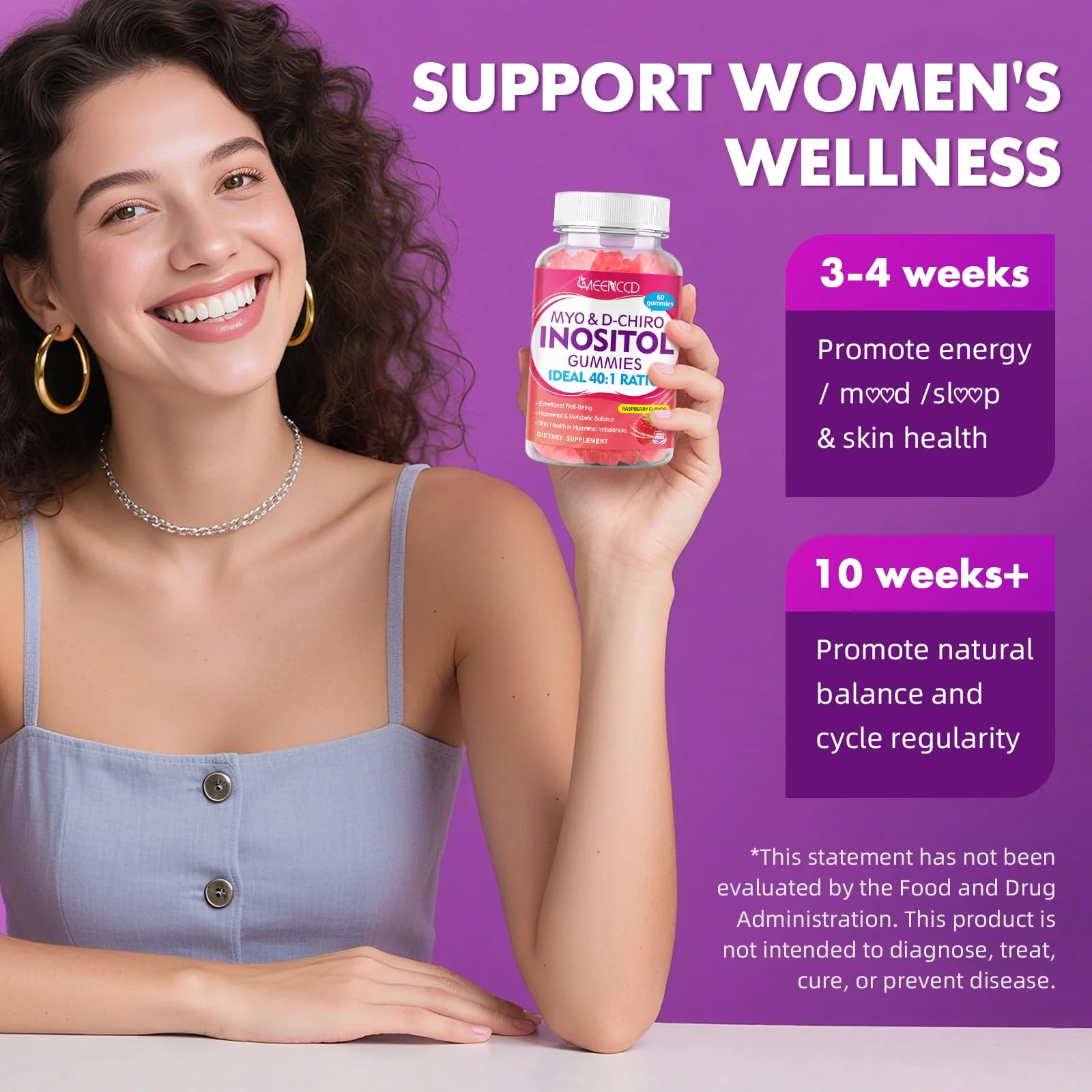MEENCCD 2 Pack Myo-Inositol & D-Chiro Inositol Gummies, 40:1 Ratio Inositol with Vitamin D3, Magnesium Glycinate, Folate & Zinc, Inositol Supplement for Female Health, Raspberry Flavor, 120 Count - Image 6