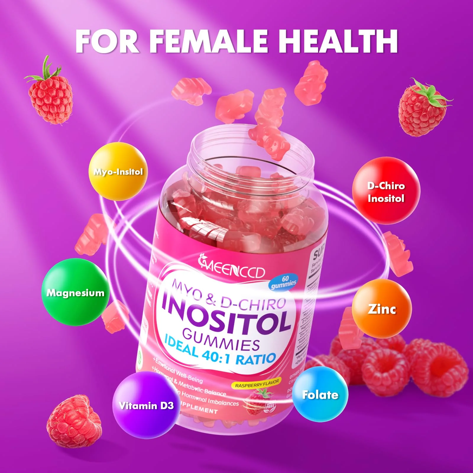 MEENCCD 2 Pack Myo-Inositol & D-Chiro Inositol Gummies, 40:1 Ratio Inositol with Vitamin D3, Magnesium Glycinate, Folate & Zinc, Inositol Supplement for Female Health, Raspberry Flavor, 120 Count - Image 7