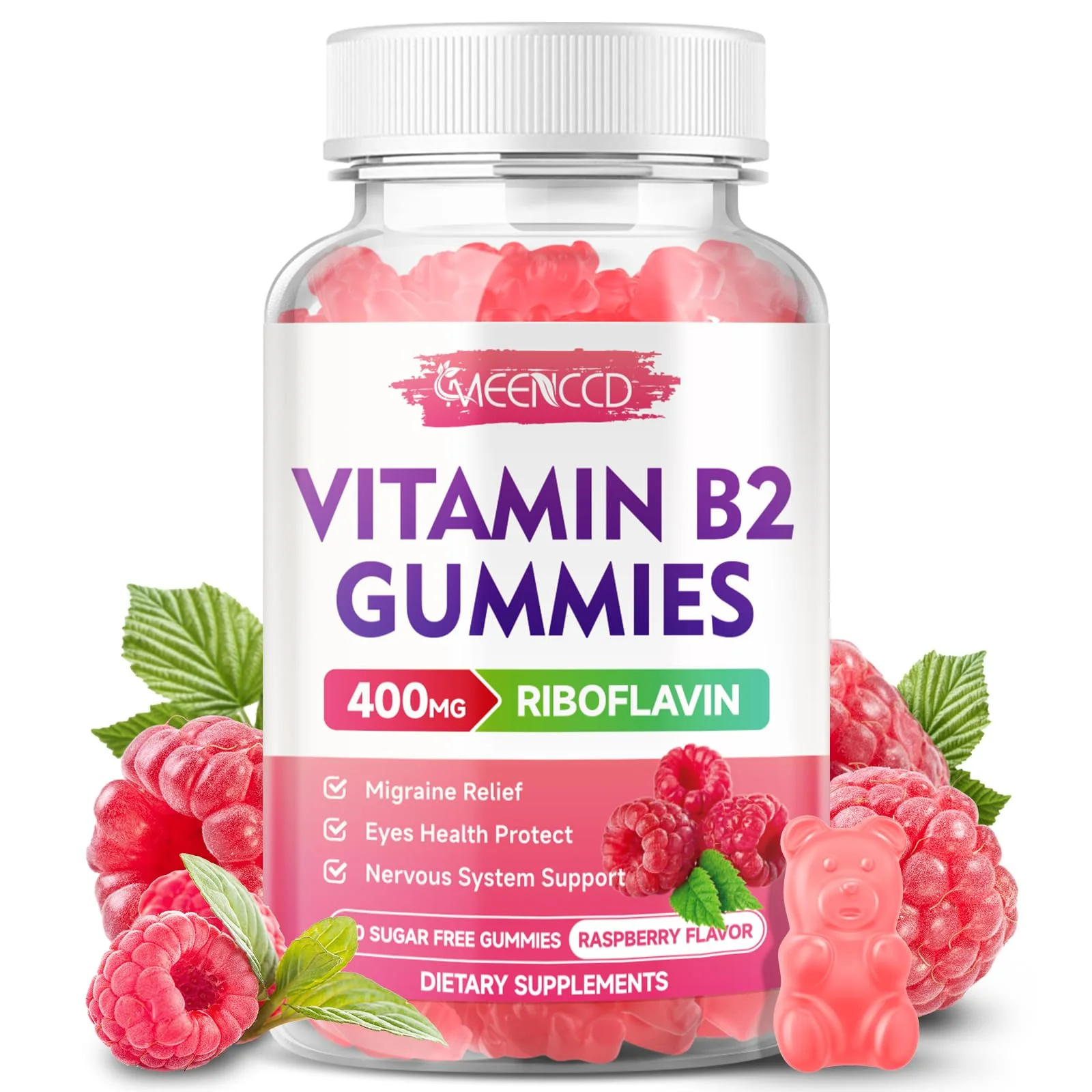 MEENCCD Vitamin B2 Gummies Riboflavin 400mg Supplement with Magnesium for Kids & Adults, B2 Gummies for Migraine Relief & Nervous System Support, Vegan, Sugar-Free, Raspberry Flavor, 60 Count