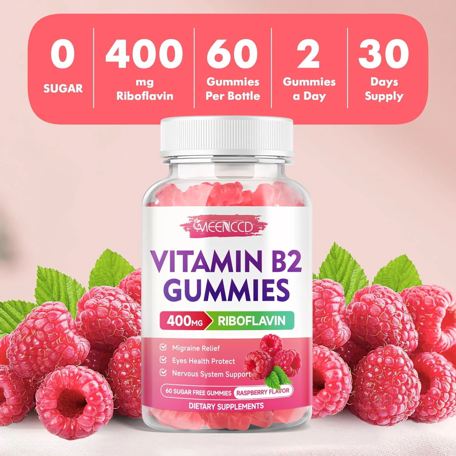 MEENCCD Vitamin B2 Gummies Riboflavin 400mg Supplement with Magnesium for Kids & Adults, B2 Gummies for Migraine Relief & Nervous System Support, Vegan, Sugar-Free, Raspberry Flavor, 60 Count - Image 2