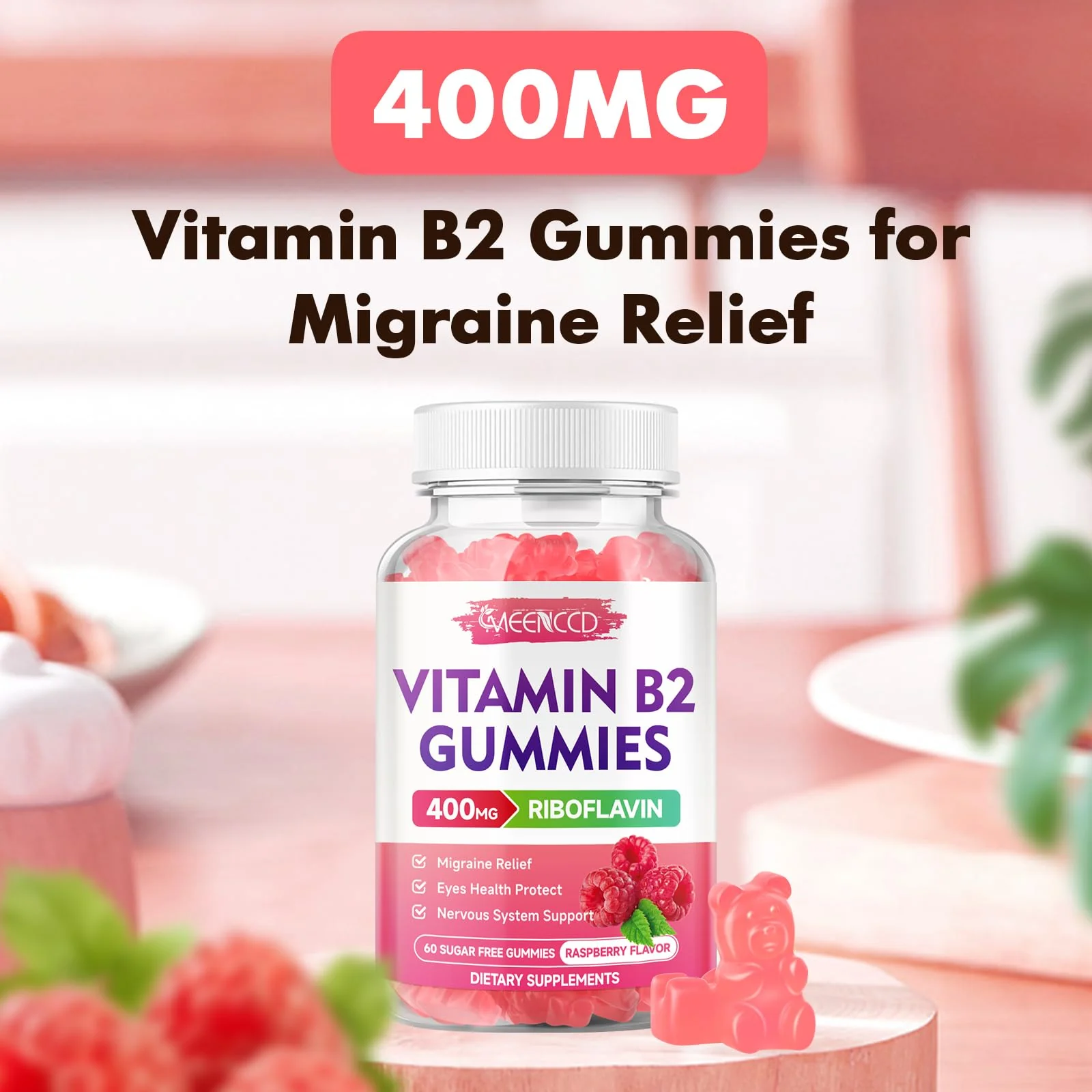 MEENCCD Vitamin B2 Gummies Riboflavin 400mg Supplement with Magnesium for Kids & Adults, B2 Gummies for Migraine Relief & Nervous System Support, Vegan, Sugar-Free, Raspberry Flavor, 60 Count - Image 3