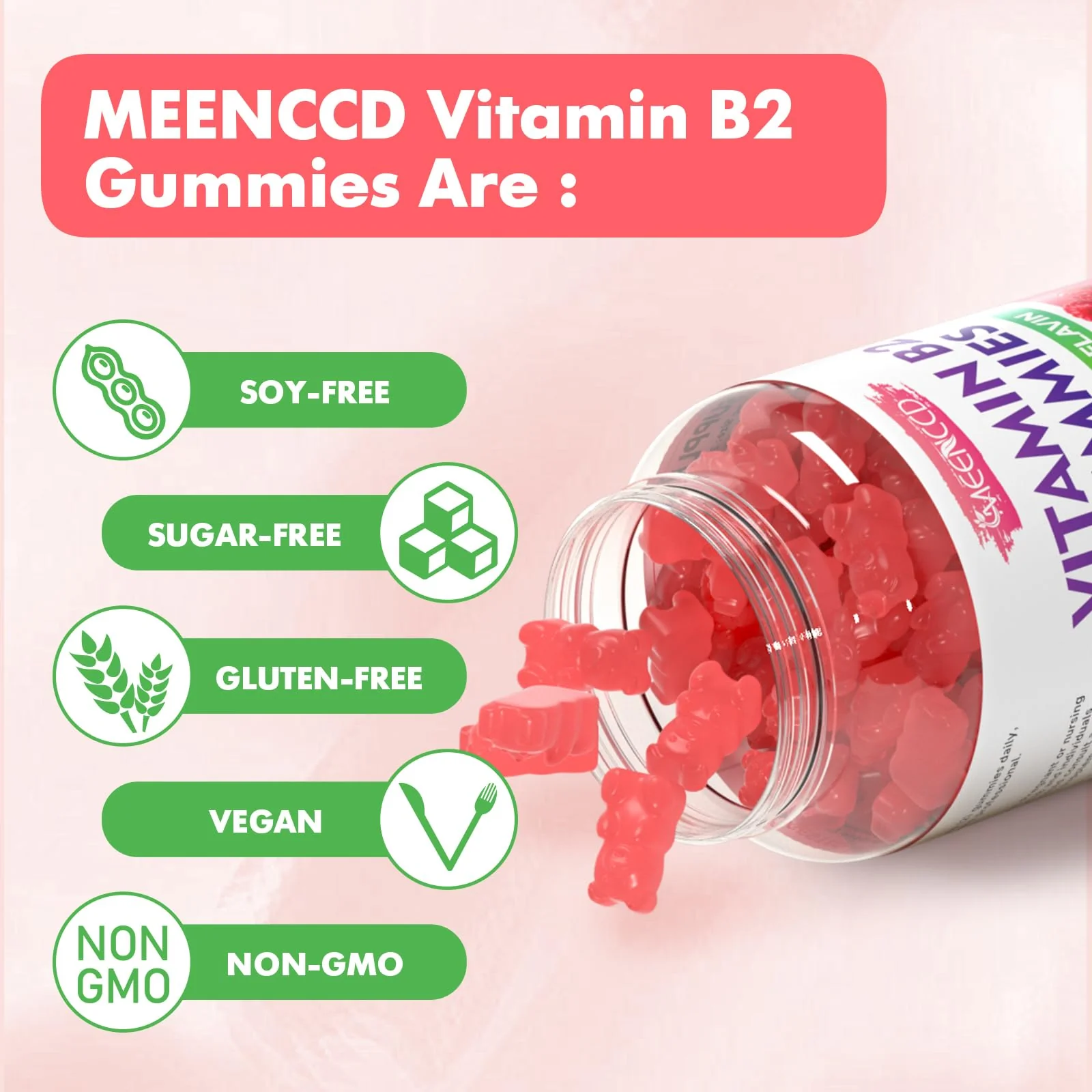 MEENCCD Vitamin B2 Gummies Riboflavin 400mg Supplement with Magnesium for Kids & Adults, B2 Gummies for Migraine Relief & Nervous System Support, Vegan, Sugar-Free, Raspberry Flavor, 60 Count - Image 4
