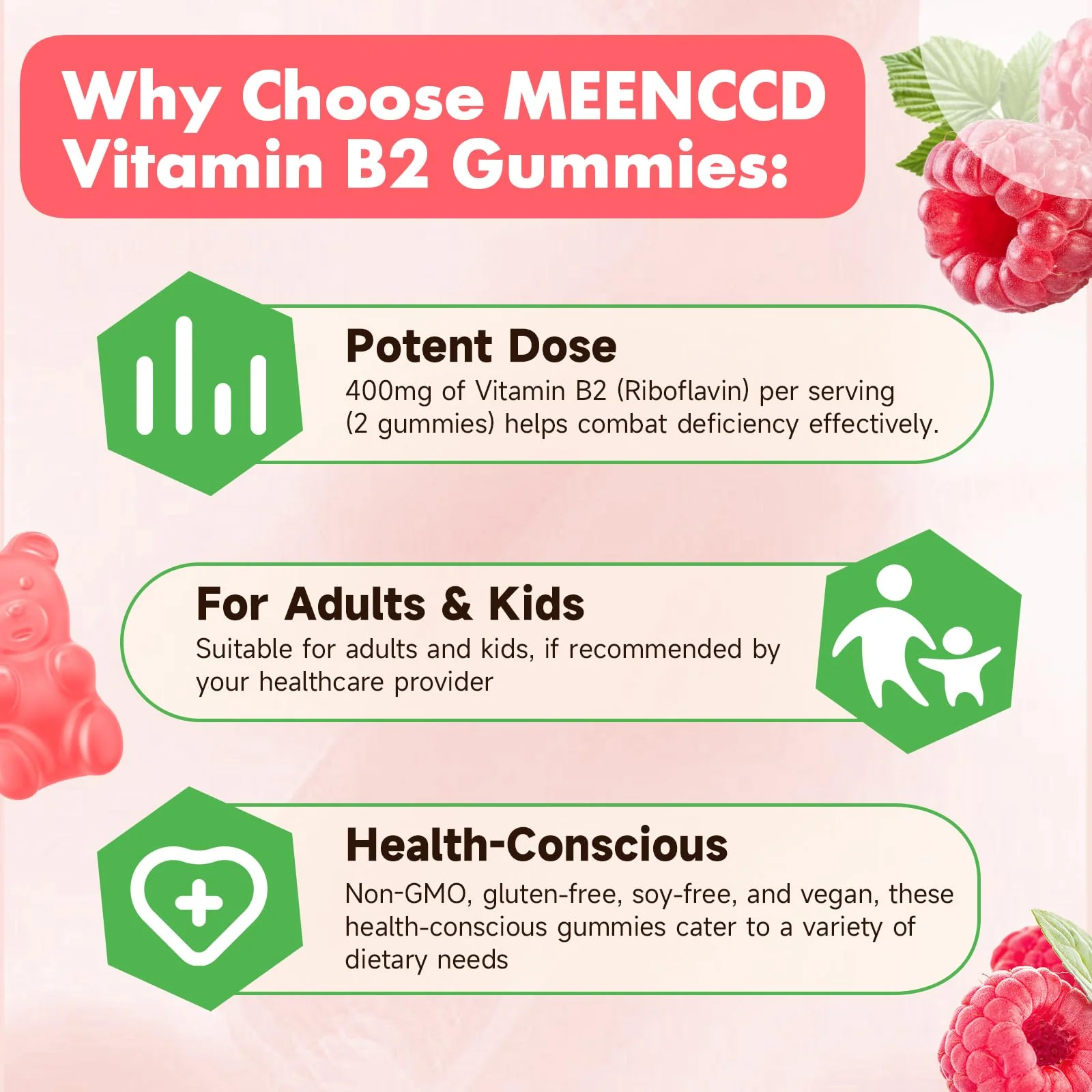 MEENCCD Vitamin B2 Gummies Riboflavin 400mg Supplement with Magnesium for Kids & Adults, B2 Gummies for Migraine Relief & Nervous System Support, Vegan, Sugar-Free, Raspberry Flavor, 60 Count - Image 6