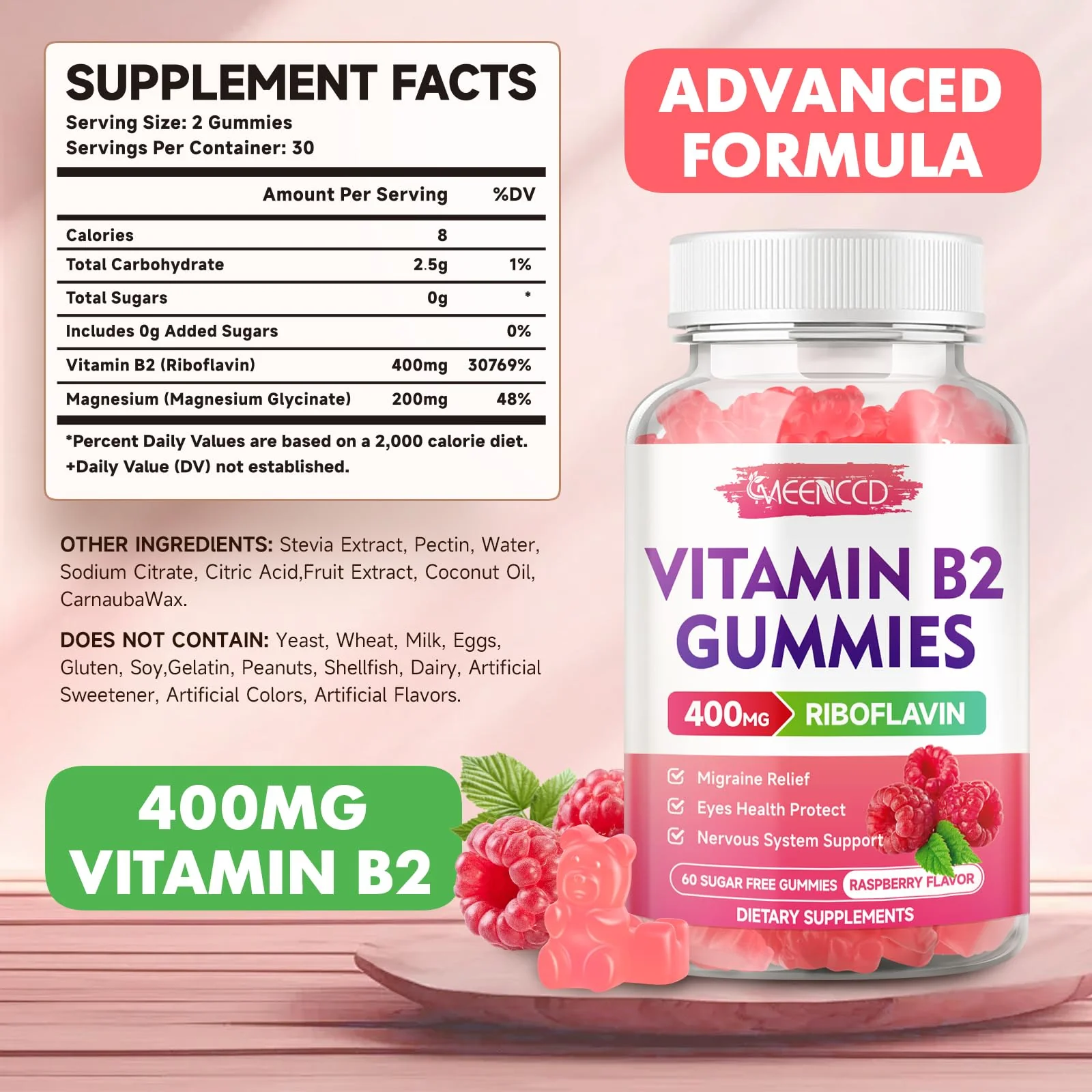MEENCCD Vitamin B2 Gummies Riboflavin 400mg Supplement with Magnesium for Kids & Adults, B2 Gummies for Migraine Relief & Nervous System Support, Vegan, Sugar-Free, Raspberry Flavor, 60 Count - Image 8