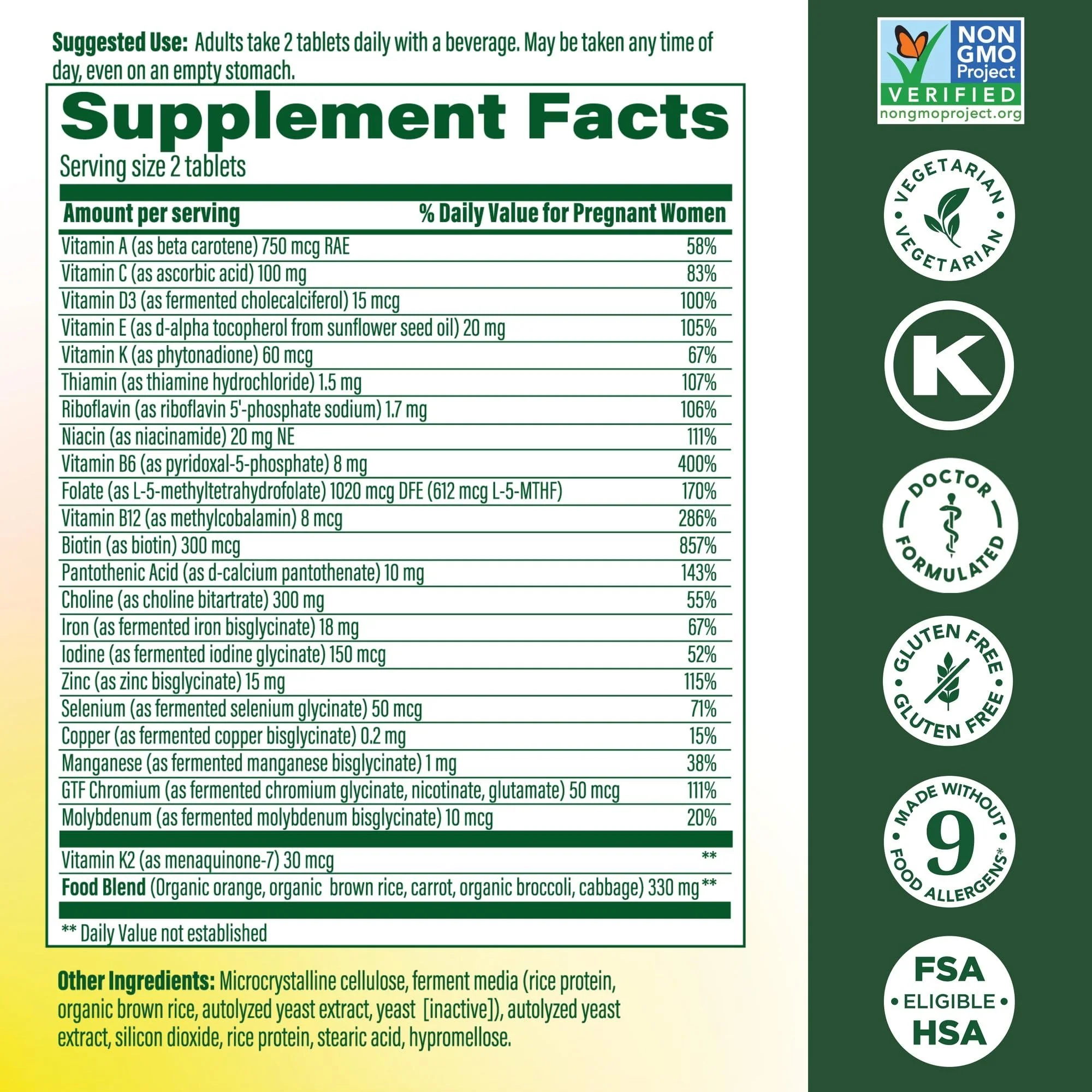 MegaFood Baby & Me 2 Prenatal Vitamin and Minerals - Vitamins for Women - with Folate (Folic Acid Natural Form), Choline, Iron, Iodine, and Vitamin C, Vitamin D and more - 60 Tabs (30 Servings) - Image 3