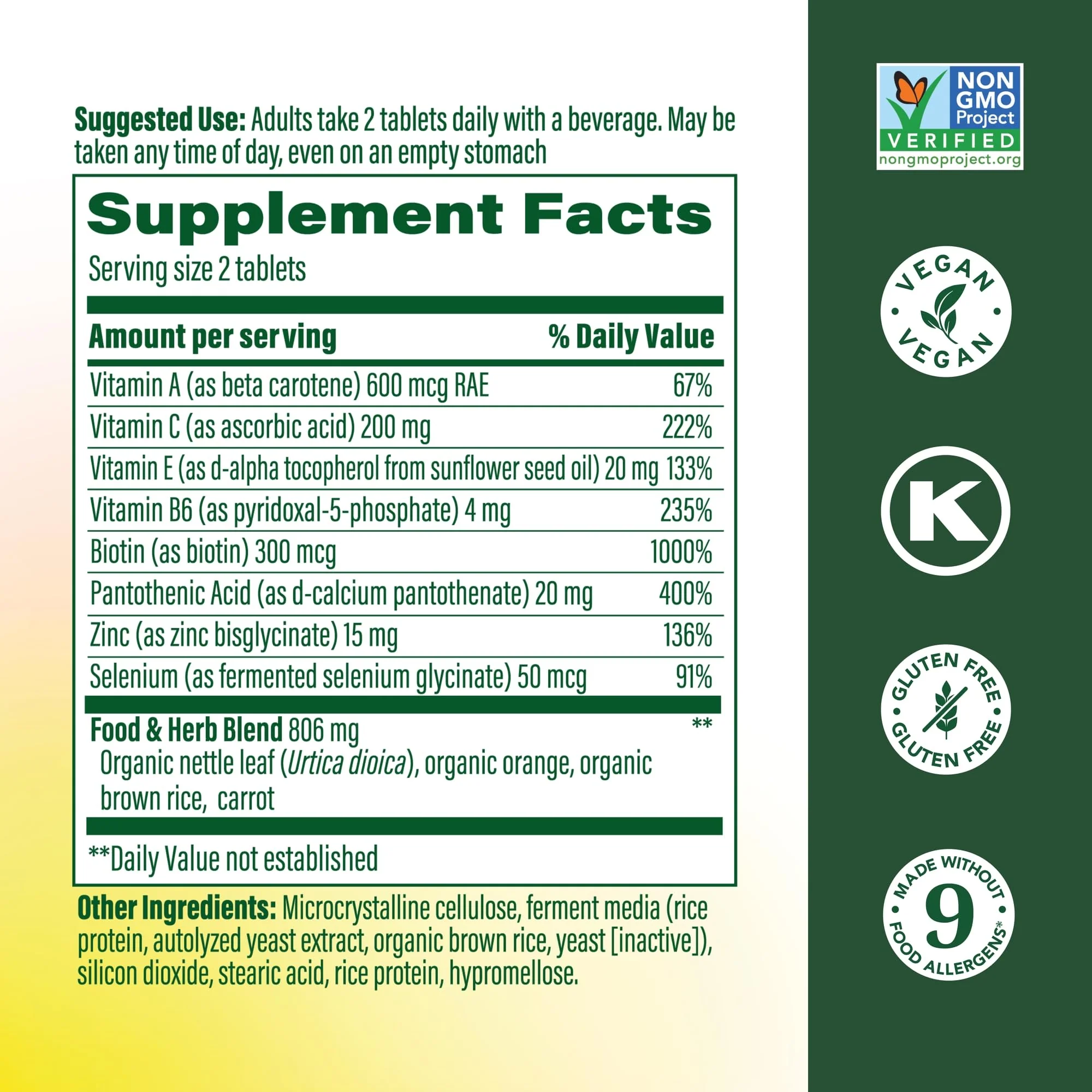 MegaFood Skin, Nails & Hair 2 - Vitamins For Women & Men - Biotin, Vitamin A, Vitamin C, Zinc, Vitamin B6, Vitamin E, Pantothenic Acid - Vegan - Made Without 9 Food Allergens - 90 Tabs (45 Servings) - Image 8